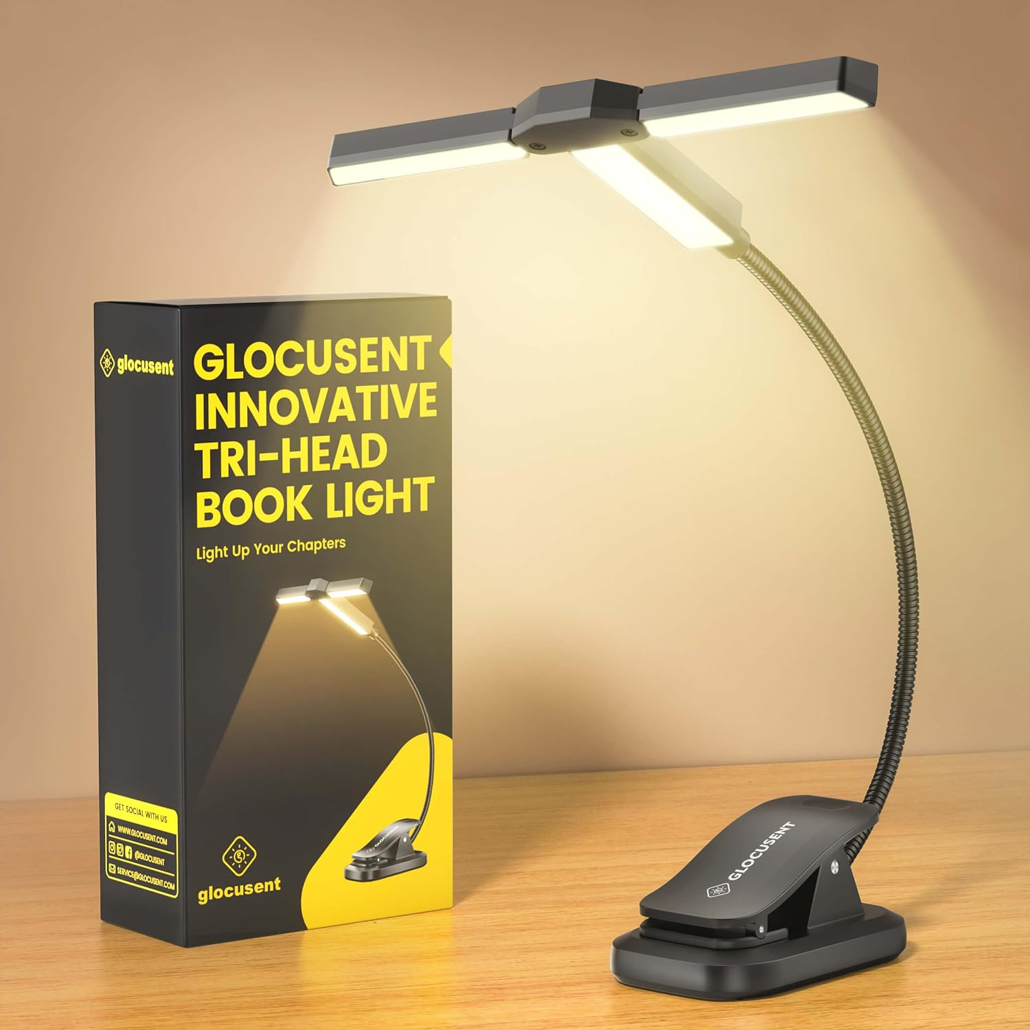 Glocusent Innovative Tri-Head Book Light for Reading in Bed, 3 Colors & 5 Brightness Levels, 1000Mah Rechargeable Reading Light with 30-Min Timer, 10-100Hrs, Partner Friendly, Perfect for Book Lovers image number 3