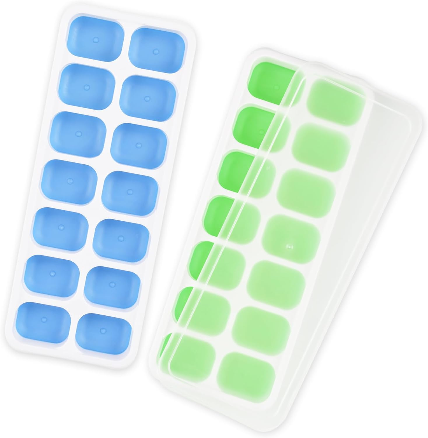 2 Pack Ice Cube Trays, Reusable Silicone 14-Ice Cube Trays with Spill-Resistant Removable Lid, Stackable Ice Trays with Covers for Freezer, Cocktail, Coffee (Blue + Green) image number 3