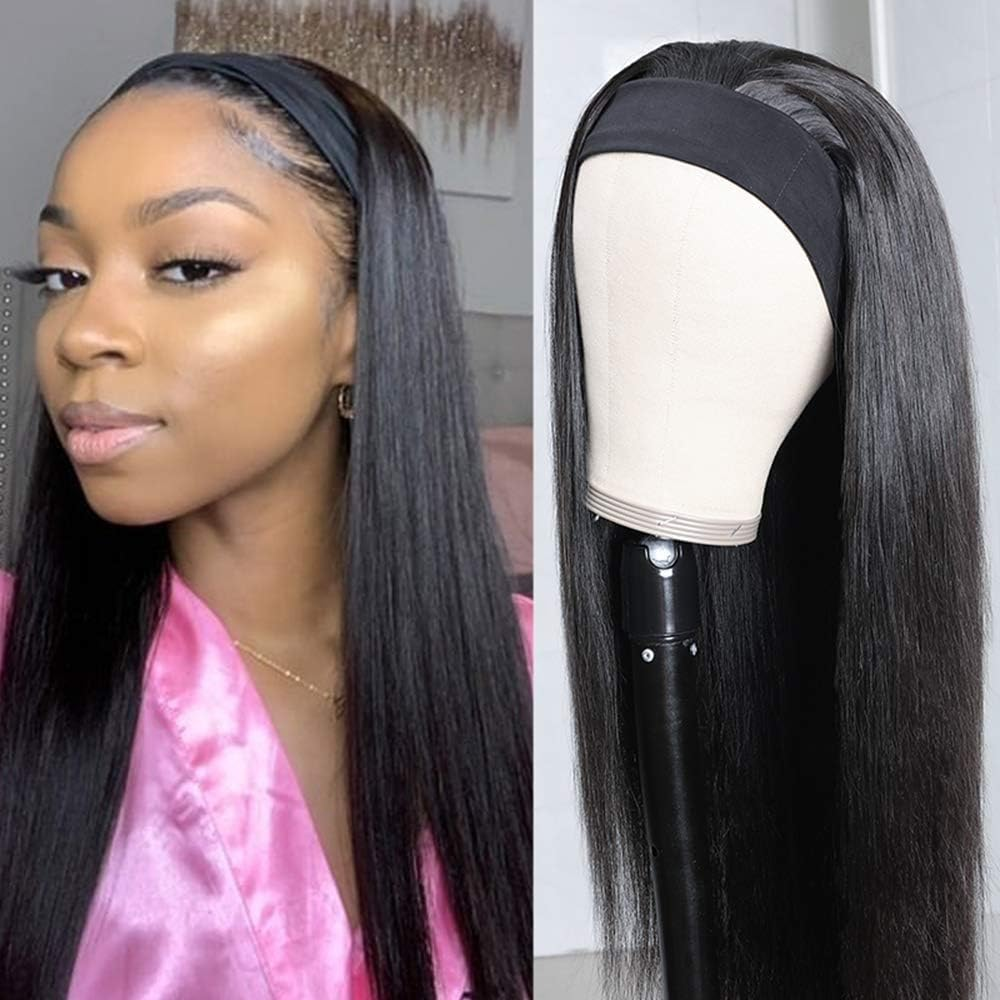 Headband Wig Straight Human Hair Wigs for Black Women 150% Density Brazilian Virgin Hair Machine Made Headband Wig Non Lace Front Human Hair Wigs 24 Inch image number 3