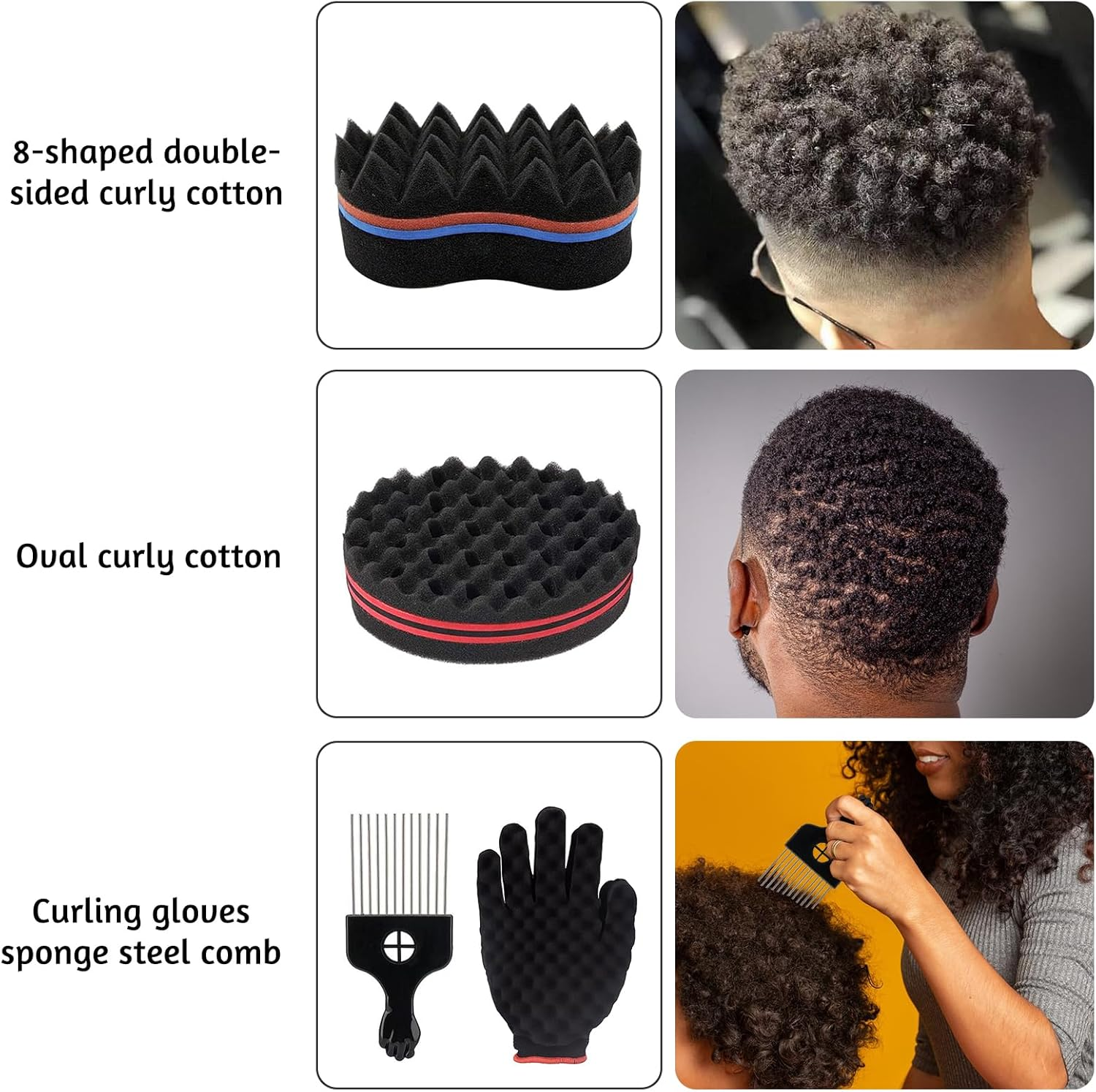 Fahibin 2 Pcs Holes Hair Sponge, Big and Small Holes Hair Sponge Brushes,Afro Coils Hair Curls Brushes,Sponge Hairbrush,Hair Sponge with Metal Combs and Curler Gloves
