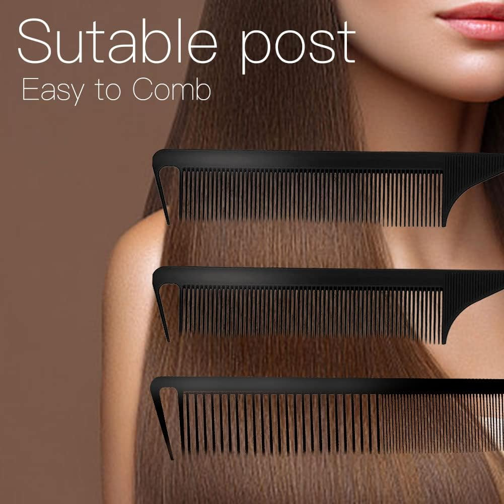 3 Pcs Rat Tail Comb Parting Comb for Braids Barber Styling Combs Carbon Fiber Teasing Combs Stainless Steel Pintail Comb for Women Men Fine Teeth Salon Hairdressing Hair Care Tools (Black+Black+Black) image number 6
