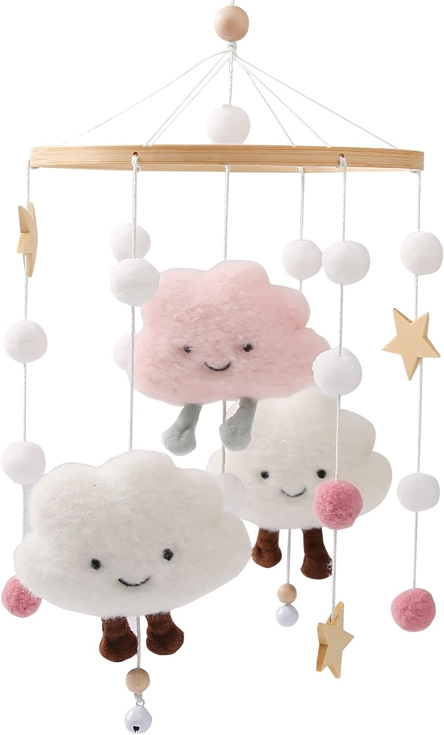 Promise Babe Wooden Crochet Mobile with Felt Balls Clouds Stars for Baby Room Decoration - Grey