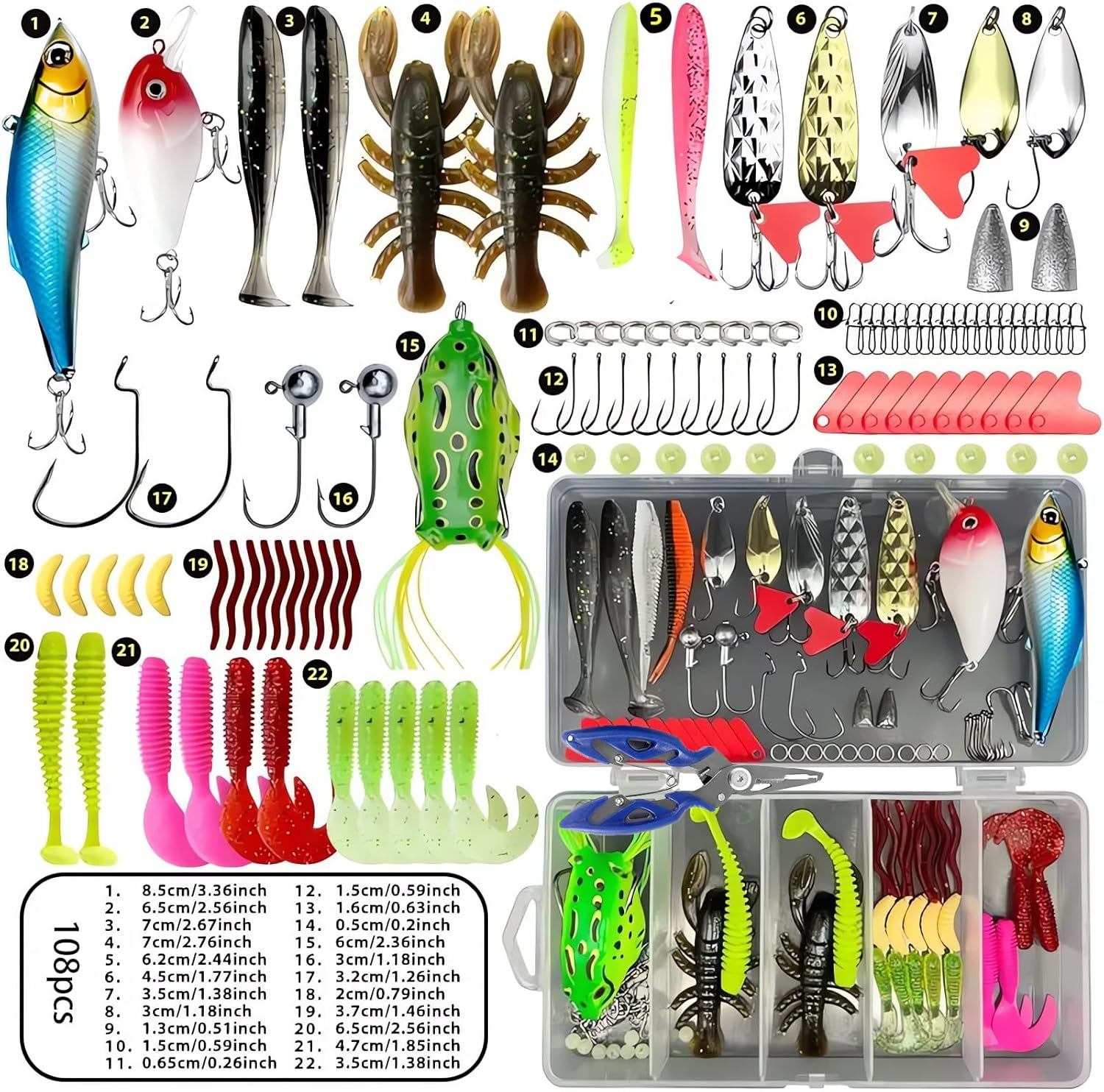 YELINTIAN 108Pcs Fishing Lure Kit, Baits Tackle Including Crankbaits,Fishing Lures Complete Fishing Tackle Set,Topwater Lures,Worms, Jigs, Hooks, Box and More Gear Lures for Bass Trout image number 5