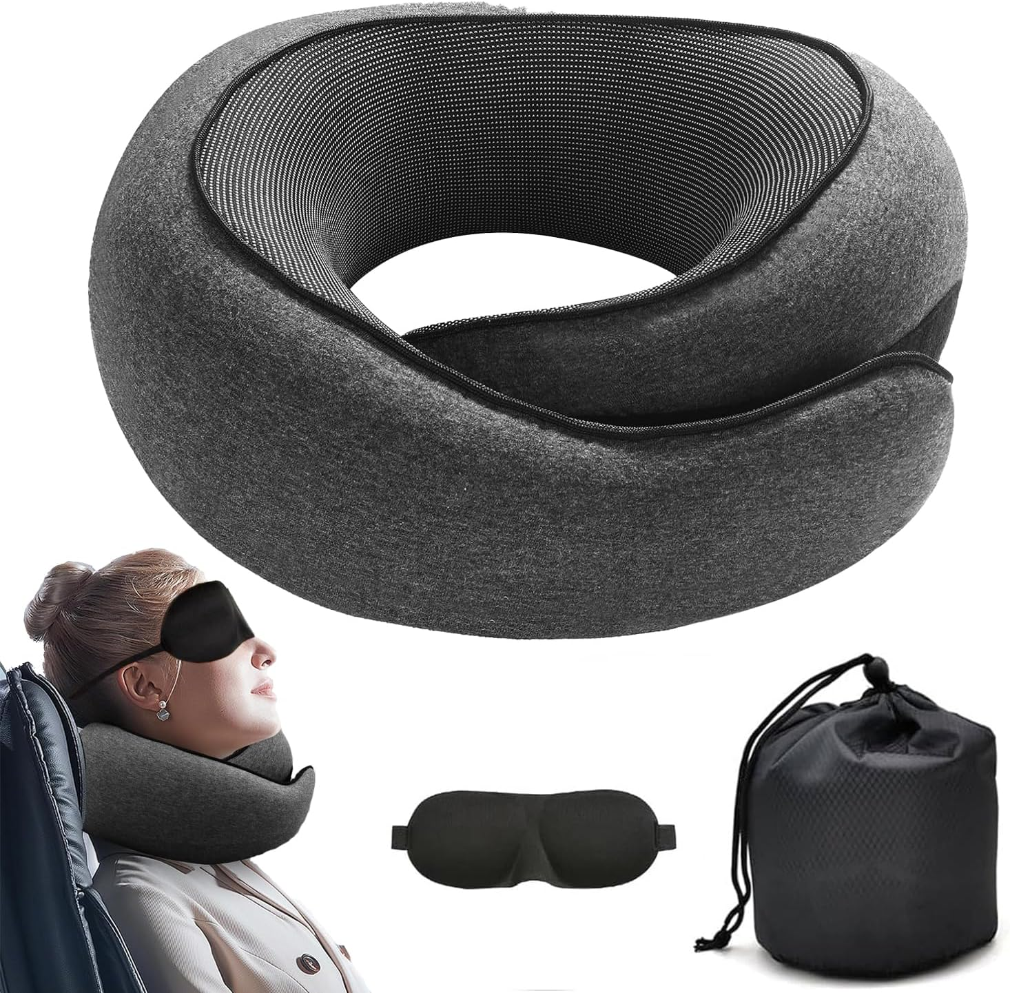 Travel Neck Pillow,Premium Memory Foam Travel Pillow with 3D Contoured Eye Masks & Mesh Bag, Comfortable Breathable Machine Washable, Pain Relief Sleeping Travel Pillows for Planes,Trains,Car-Pink