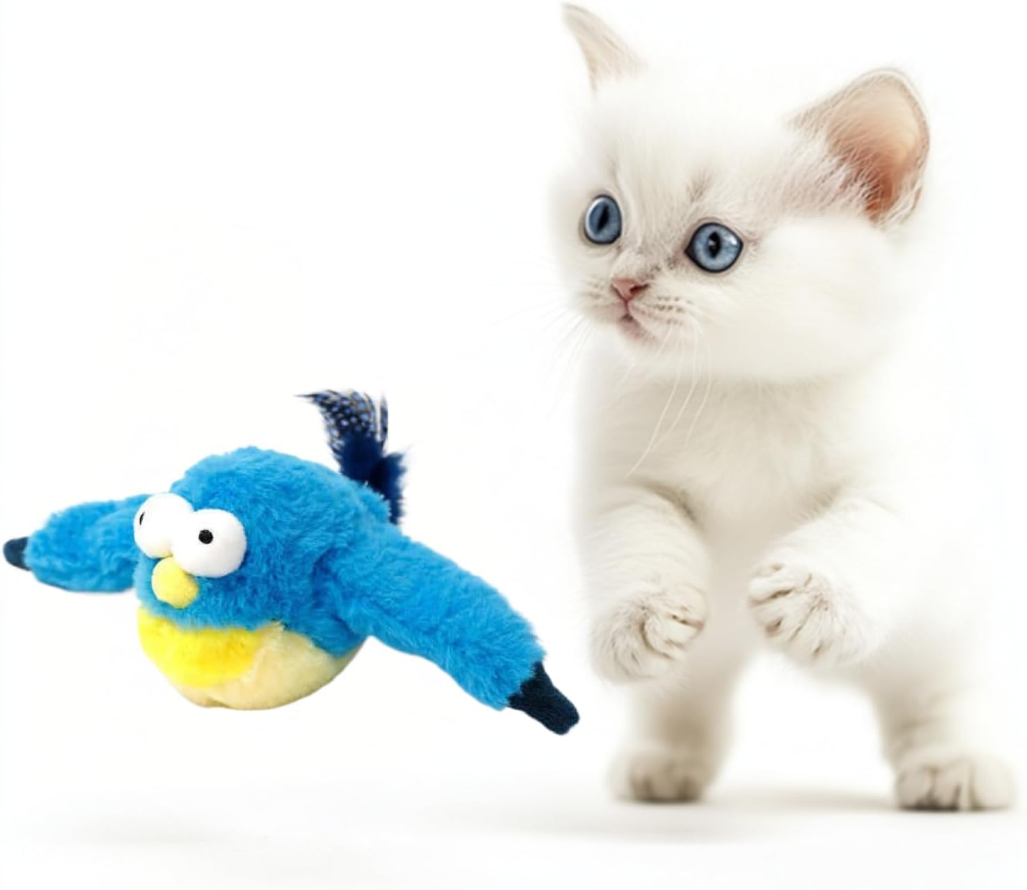 Flapping Wings Bird Catnip Toys, Vivid Chirping, Simulation Bird Interactive Cat Toy for Kitten Kitty Exercise, Fluffy Plush Toys, Touch Activated, USB-C Charging, Built-In 500Mh Battery (Bluebird) image number 2