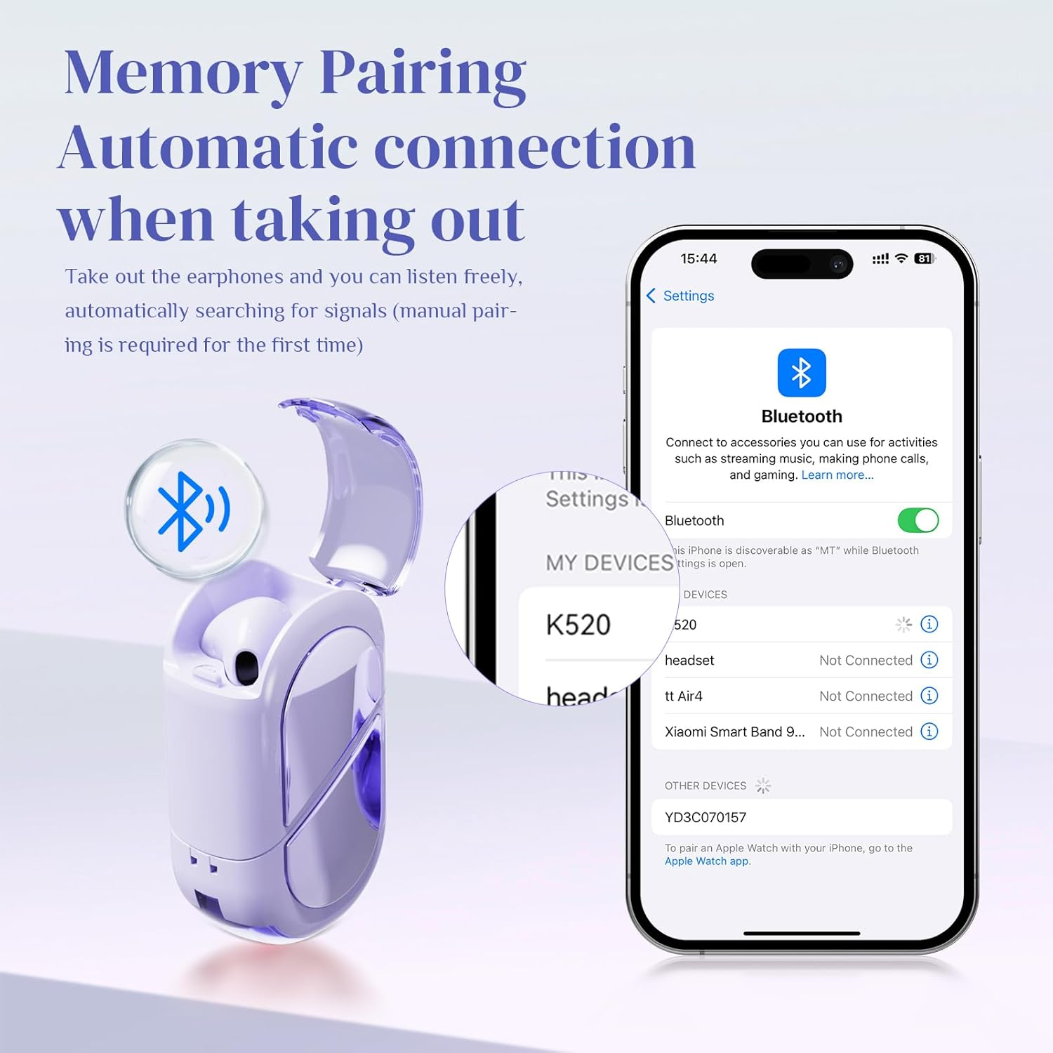 Ttbesmi Purple Heart Wireless Earbuds for Girls Kids, Cute Mini Tiny Small Invisible Earbuds Wireless Bluetooth for Small Ears Canals Women Rose Gold Kawai Blue Tooth Ear Buds for Iphone Android - Purple image number 6