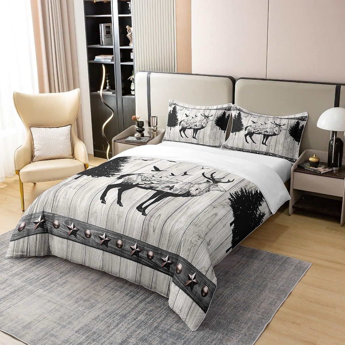100% Natural Cotton Hunting Deer Elk Duvet Cover, Rustic Farmhouse Style Comforter Cover 220 X 240, Camping Forest Adventure Bed Linen, Country Old Barn Door Quilt Cover Cabin Decor, Black Grey image number 5