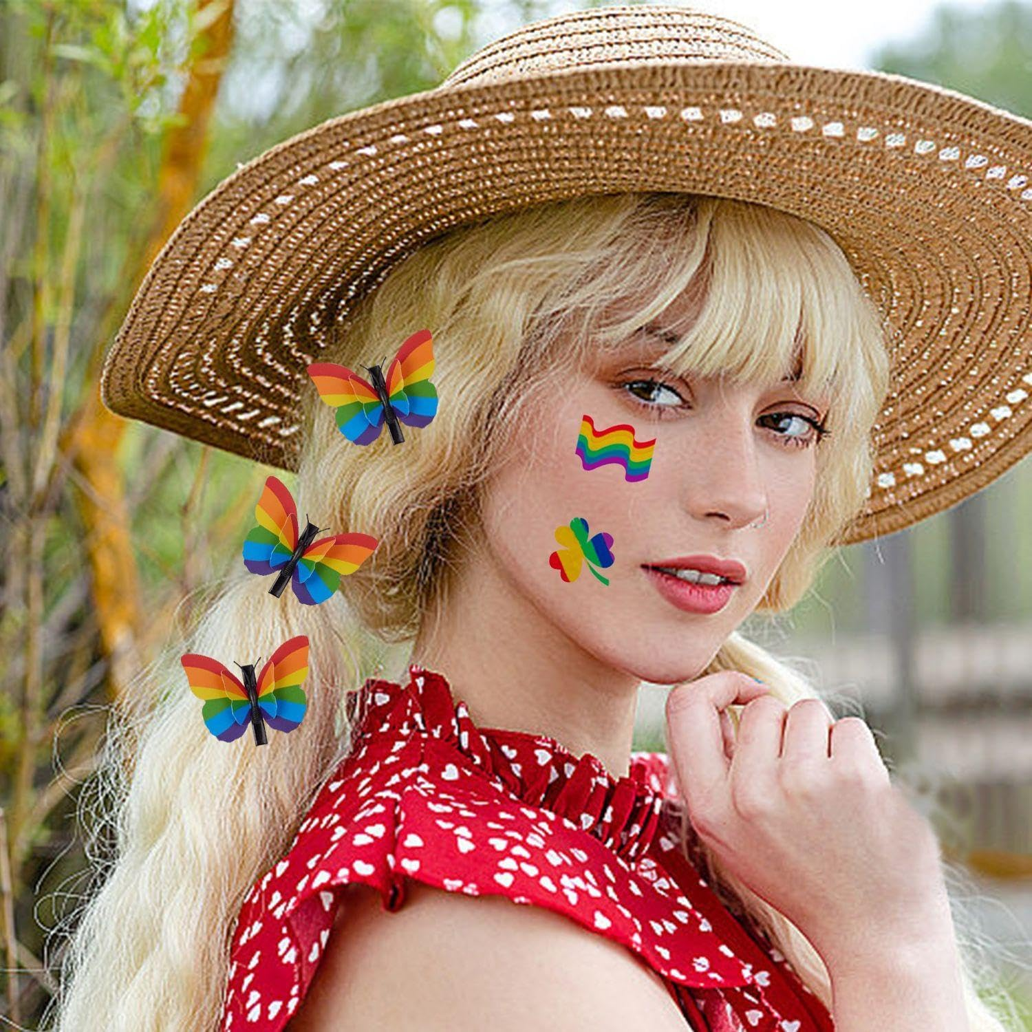 Pack of 8 Rainbow Butterfly Clips and 18 Rainbow Face Spots, Creative Cartoon Hairpin, Fun and Cute Face Stains, Dances and Celebrations.