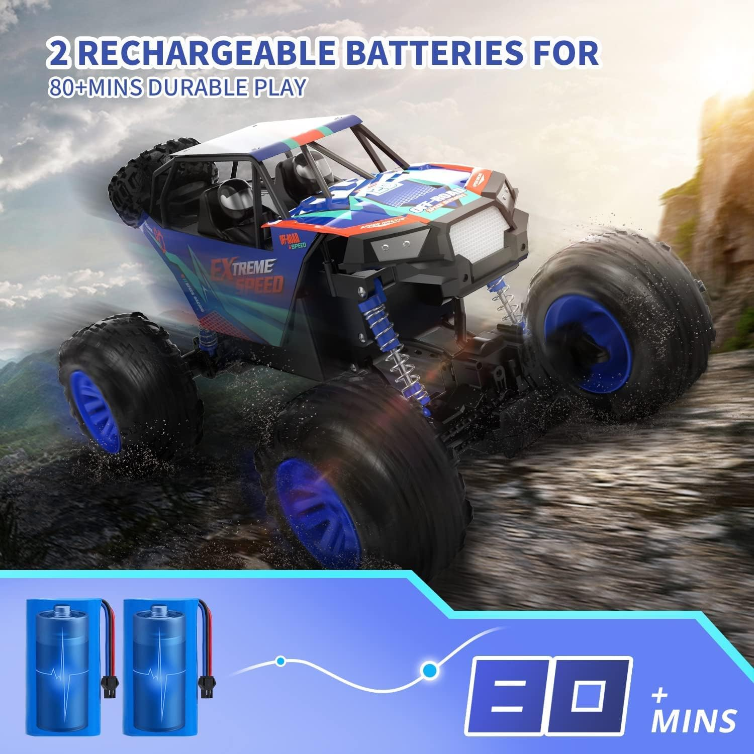 DEERC DE60 Large 1:8 Scale Upgraded RC Cars Remote Control Car for Adults Boys,Off Road Monster Truck with Realistic Sound,2.4Ghz 4WD Rock Crawler Toy All Terrain Climbing,2 Batteries for 80 Min Play