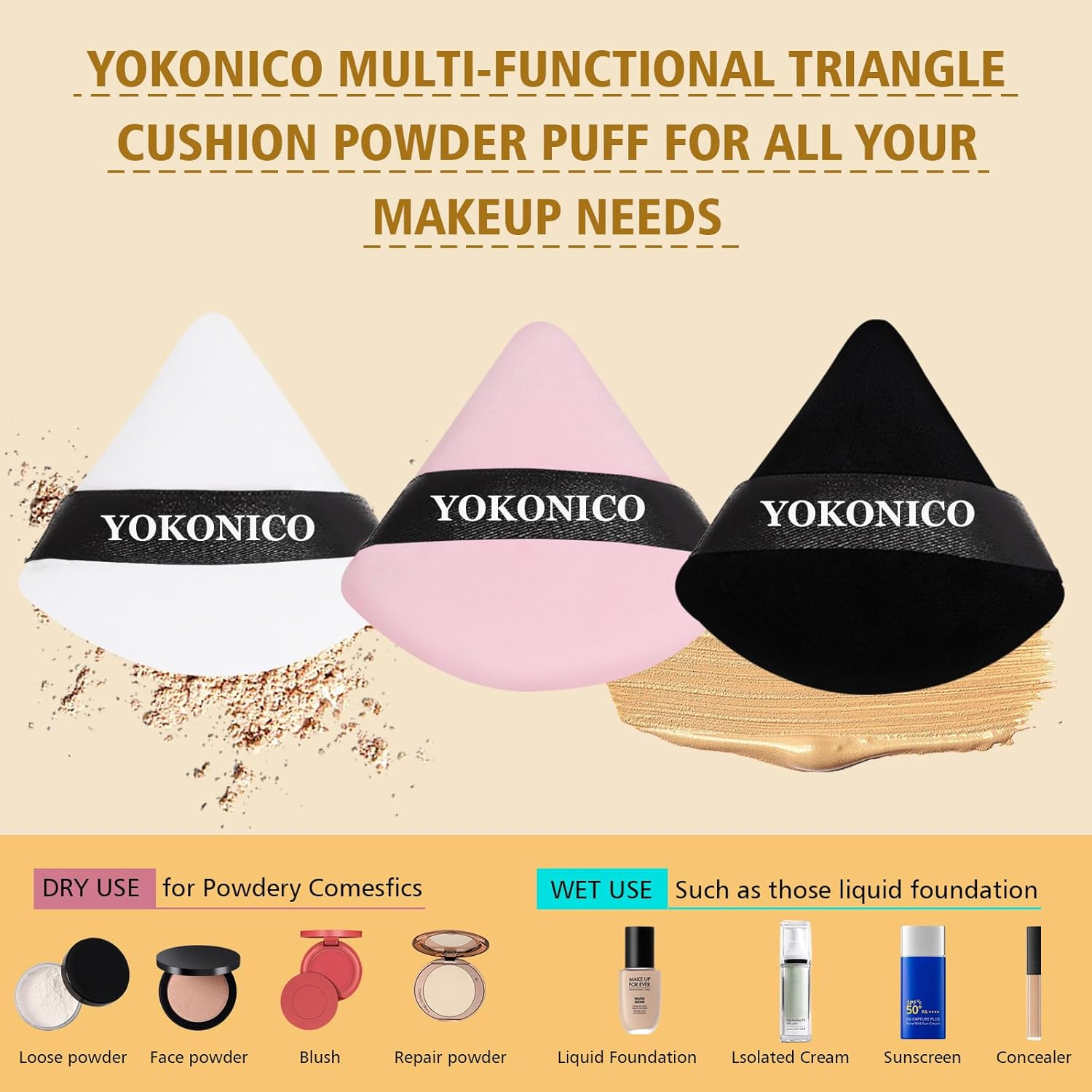 YOKONICO Triangle Powder Puff, 10 Pack Soft Velour Makeup Puffs for Loose Powder, Cotton Sponges Puff for Face Cosmetic Foundation, Mineral Wet Dry Makeup Tools (Black&White) image number 2