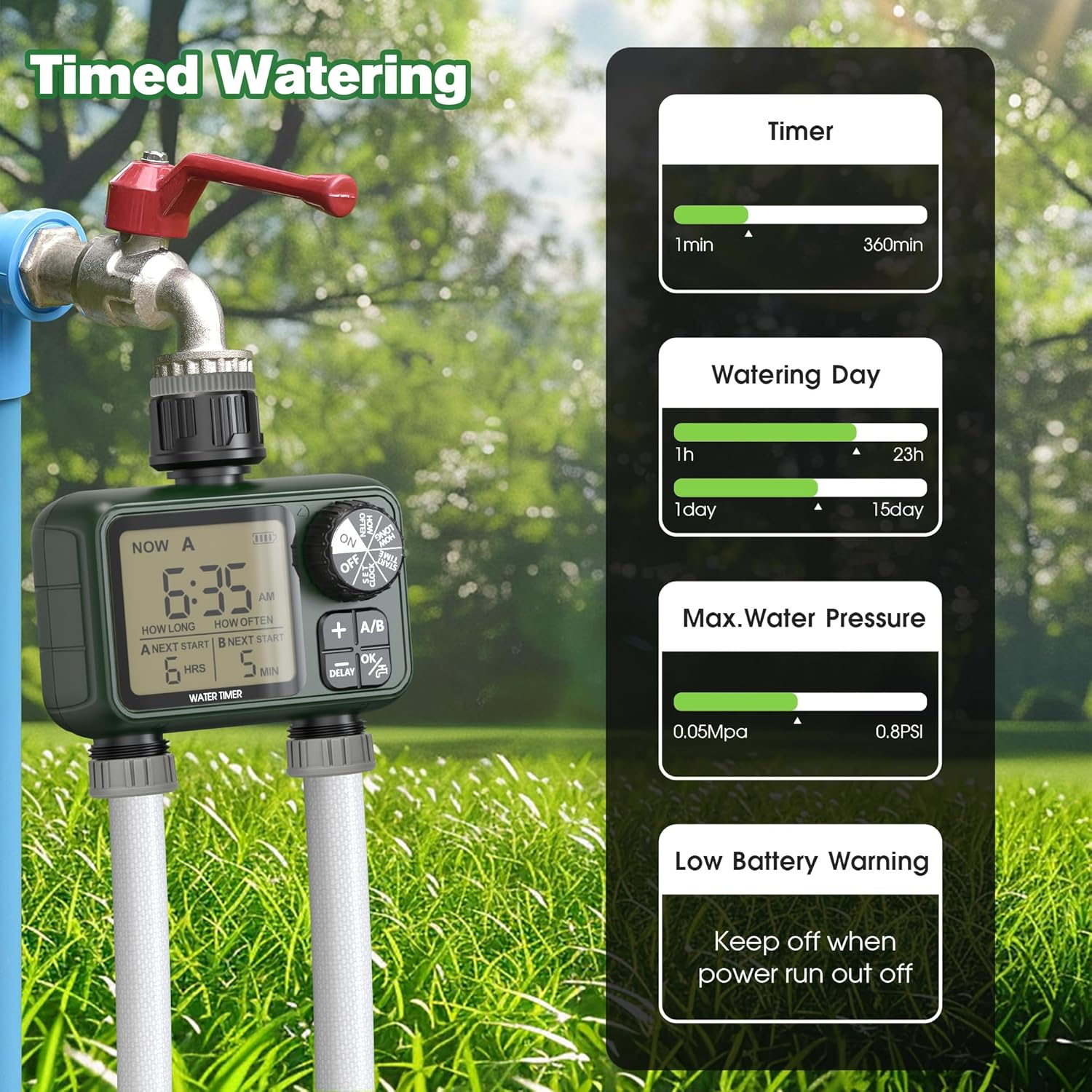Advwin Water Timer, Smart Sprinkler Timer 2 Outlets, Rain Delay/Manual/Automatic Watering Modes, Digital Irrigation Controller for Garden Hose Faucet Yard Lawn image number 2