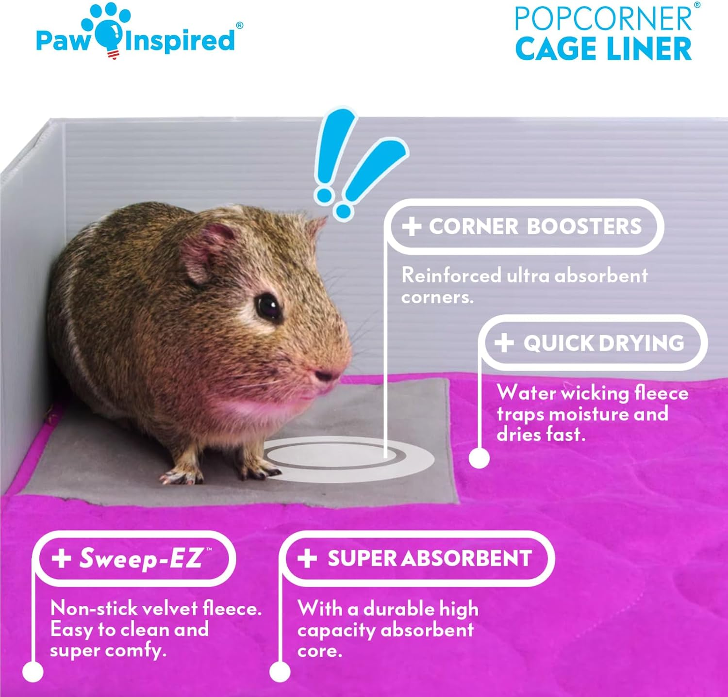 Paw Inspired Popcorner Guinea Pig Cage Liners | Washable Fleece Bedding or Pet Bed Mat for Small Animals | Super Absorbent Pee Pad with Reinforced Corners and Waterproof Bottom (C&C 2X5, Gray) image number 1