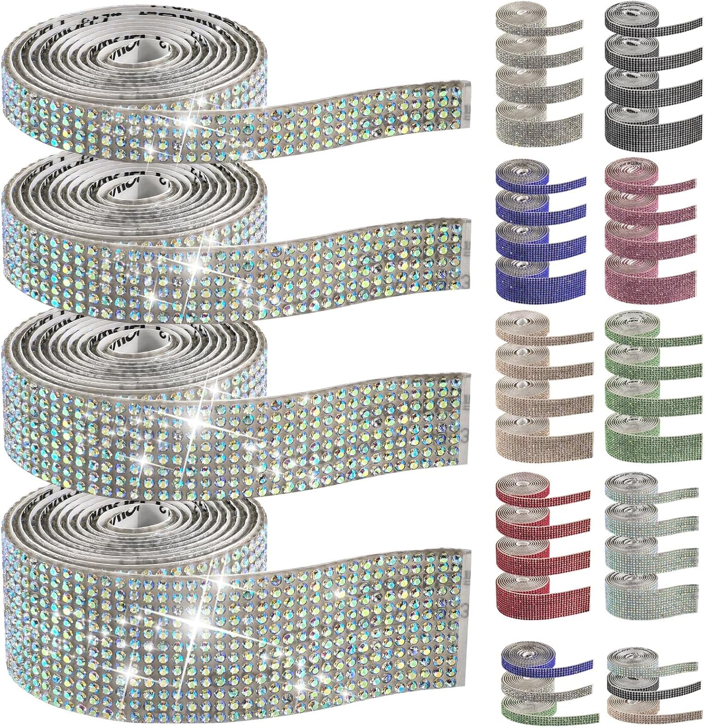 Swpeet 4 Rolls 4 Sizes Royal Blue Self Adhesive Rhinestone Ribbons Strips, Bling Crystal Rhinestone Diamond Ribbons Stickers, Rhinestone Tape Wrap, Diamond Rhinestone Roll for Crafts Phone Decoration