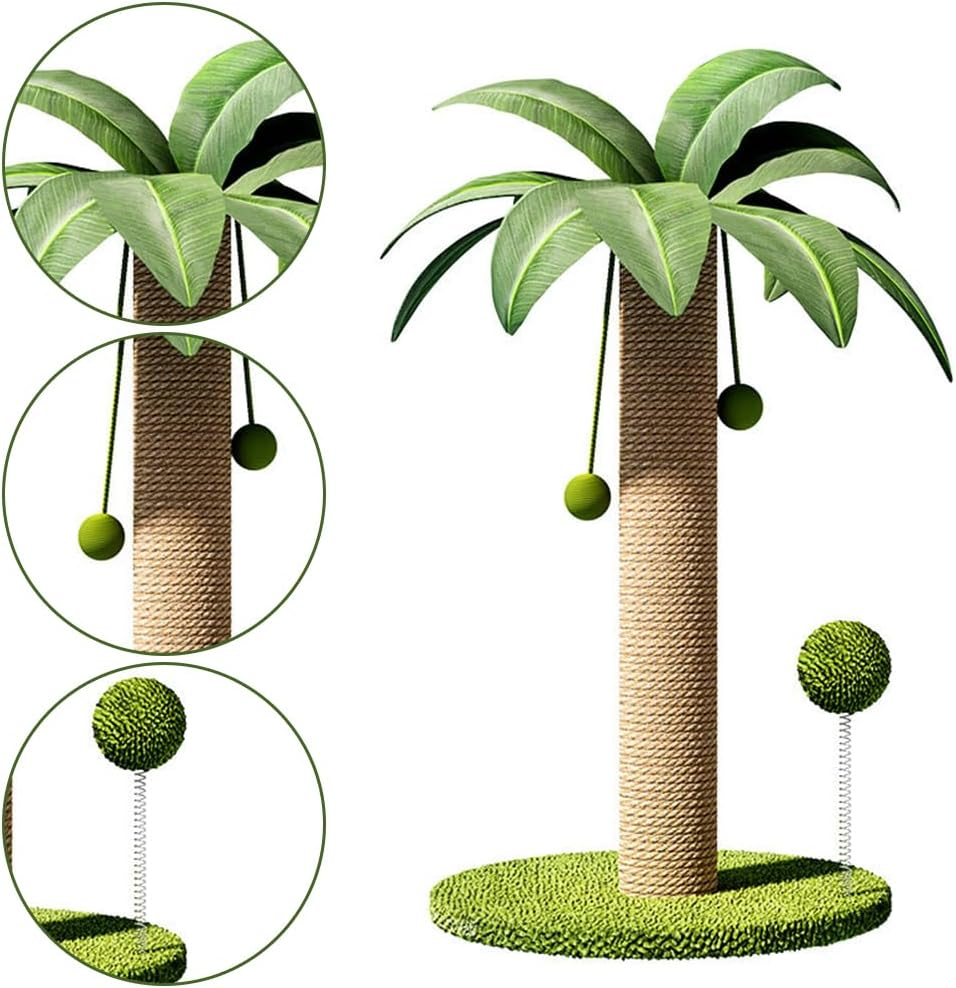 Coconut Tree Cat Scratching Post, Sisal Rope Pussy Pillar, Interactive Mog Tree, Stable Wide Base & Fun Hanging Balls, for All Cats image number 2