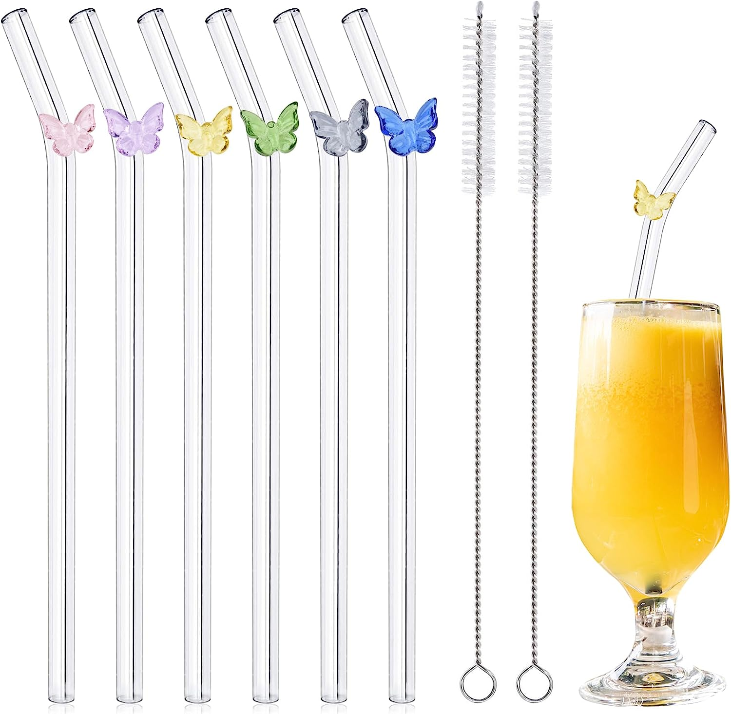8Pcs Reusable Drinking Straws, Flower Glass Straws, Food Grade Reusable Straw with 2Pcs Cleaner Brush, Cute Clear Glass Straws with Design for Drinking Smoothies, Juices, Shakes, Cocktails