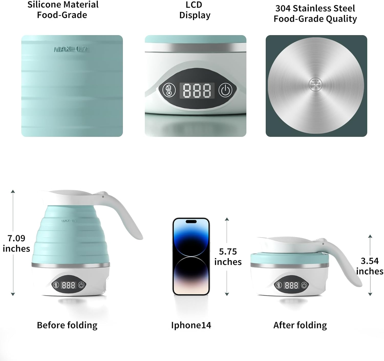 AUCOO - Portable Folding Electric Travel Kettle Foldable Boiling Water Suitable for 110V and 220V Dual Voltage, for Tea and Coffee, 850W Small Mini Silicone Electric Teapot Without image number 5