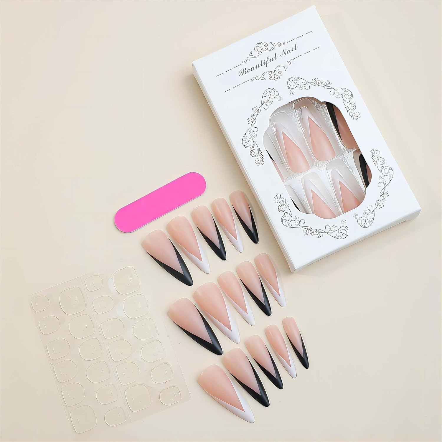 French Tip Press on Nails Long Almond Fake Nails Black and White Double Spell Acrylic False Nails Nude Full Cover Artificial Nails Press Ons Stiletto Stick on Nails for Women Art Decoration 24Pcs image number 3
