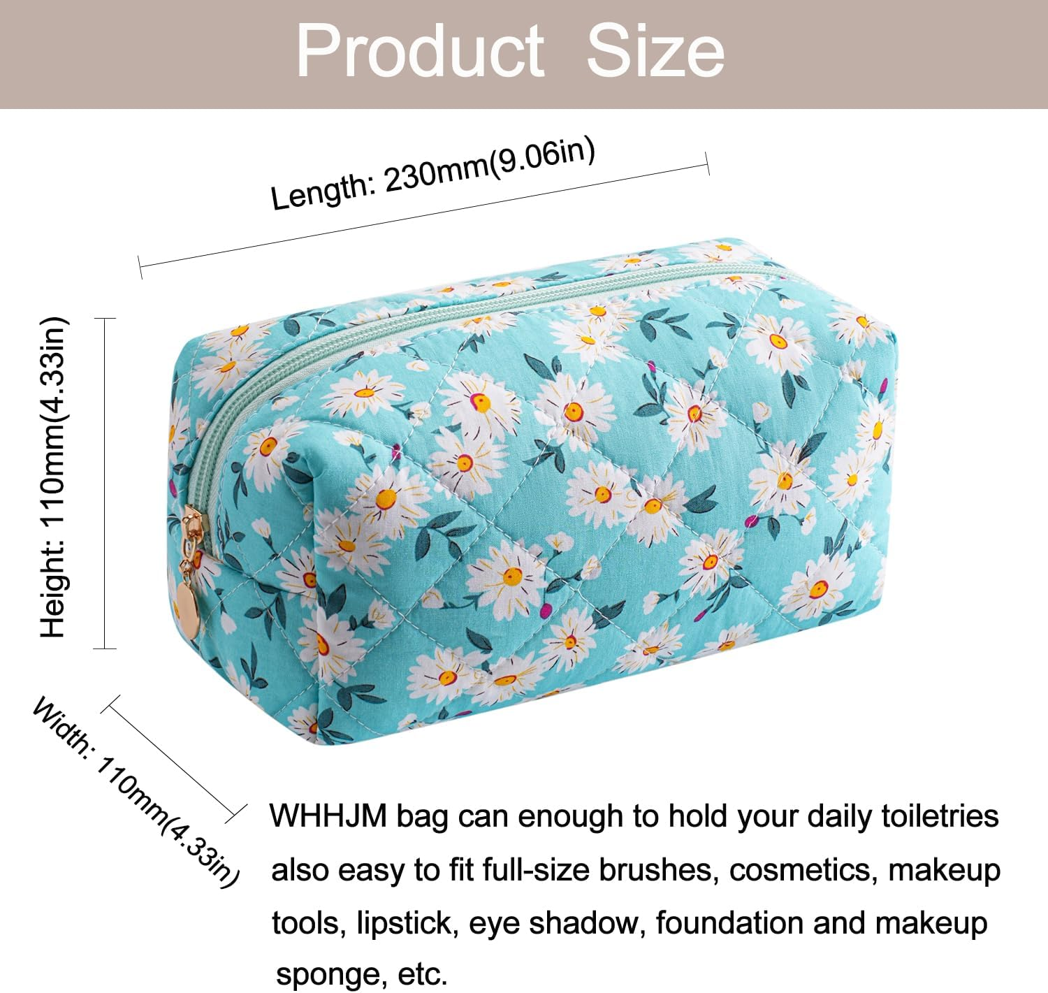 Cute Daisy Makeup Bag Small Cotton Quilted Floral Cosmetic Bag Travel Make up Pouch Toiletry Organizer Gift for Women Girls, Jade Green image number 6