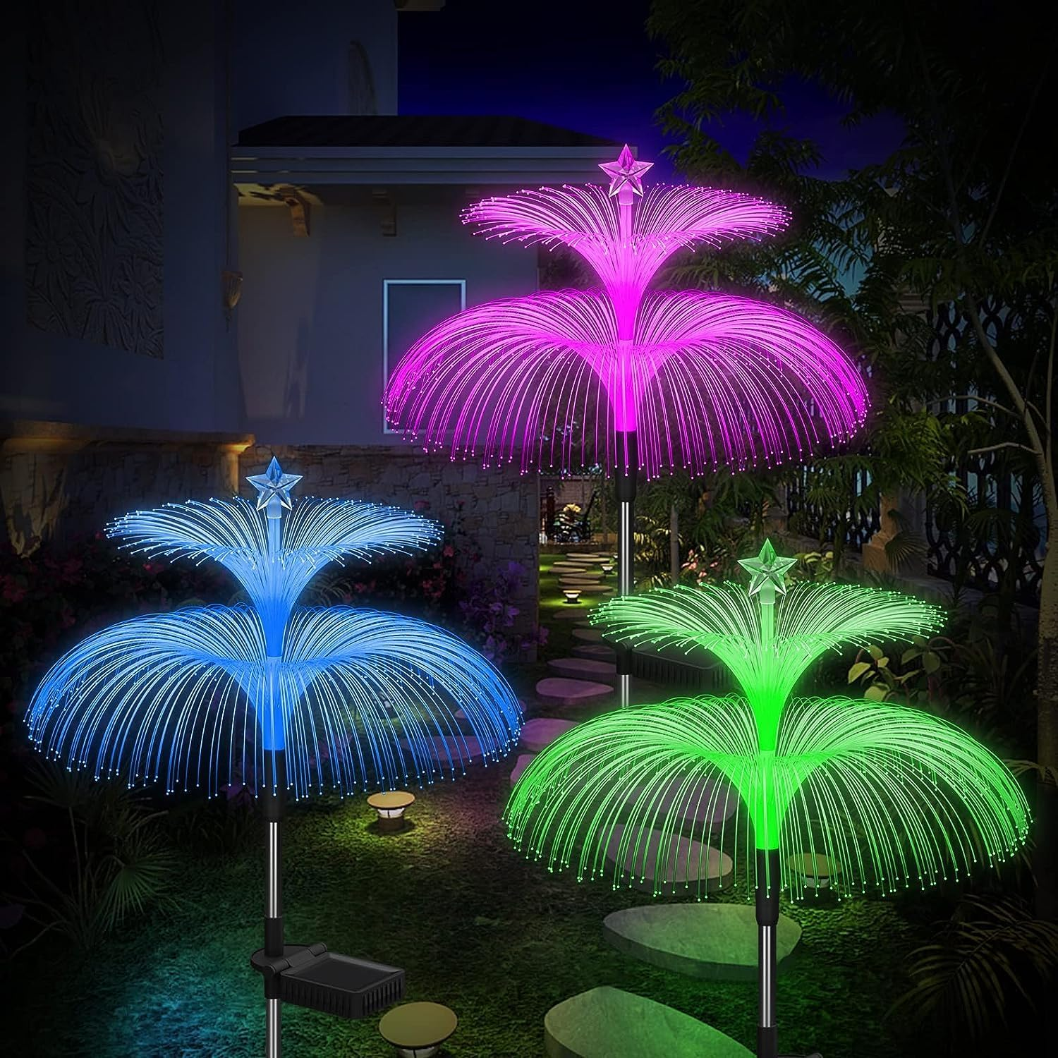 Solar Garden Lights 3 Pack Outdoor Lights 7 Color Changing Double Jellyfish and Star Solar Flower Lights for Yard Decor,Outdoor Pool Decor image number 1
