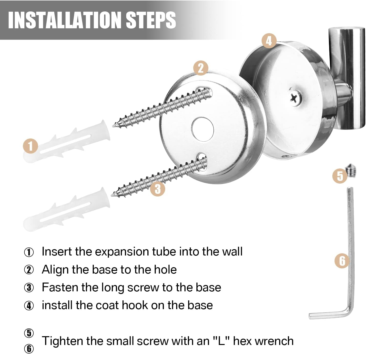 Neween 2PCS Bathroom Towel Hook, Screw in Coat Hooks Wall Mounted Chrome Robe Hooks, Stainless Steel Heavy Duty Wall Hook Cloth Hanger with 4 Screws for Bathroom Hotel image number 6