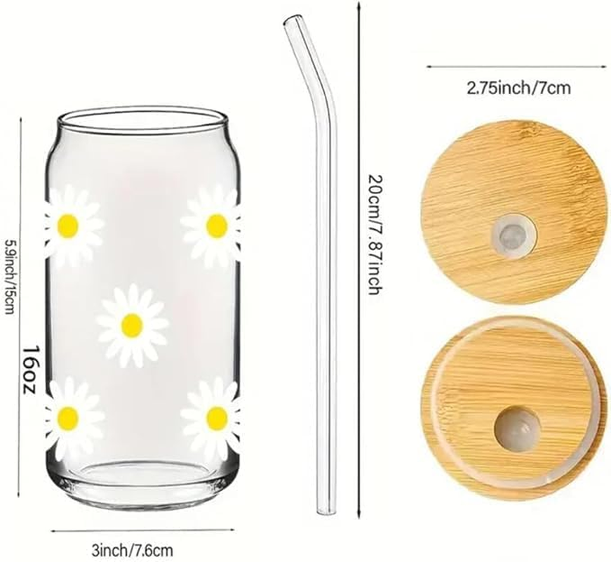 Cute Daisy Cup 16Oz Iced Coffee Cup, Cute Glass Cups with Bamboo Lids and Straws Beer Can Milk Mocha Cups - Christmas, Birthday Gifts for Women,Women'S Holiday 500Ml image number 4