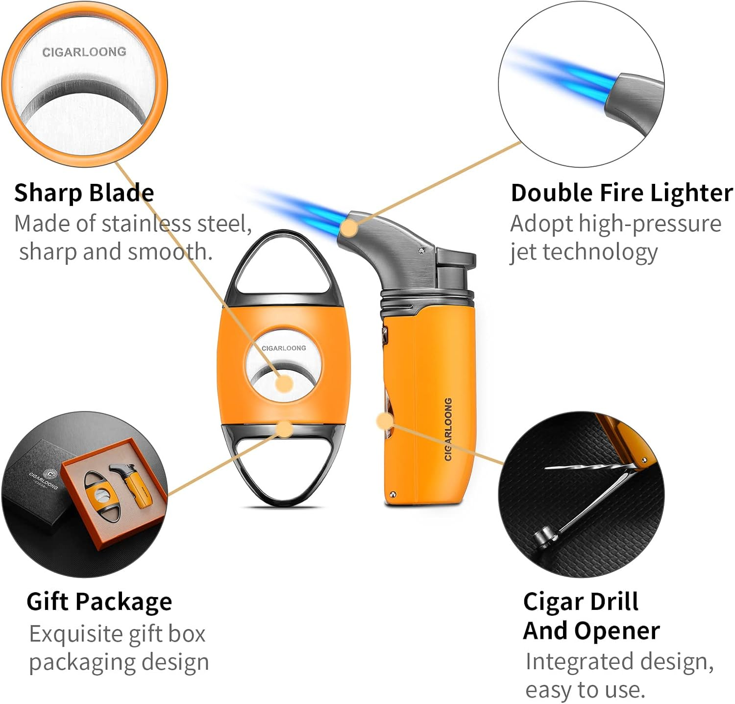 CIGARLOONG Cigar Cutter and Lighter Ashtray Set Sharp Blade Cigar Guillotine and Torch Flames Refillable Windproof Lighter with Cigars Punch&Needle Ceramics Ashtray with Gift Box(Yellow) image number 4