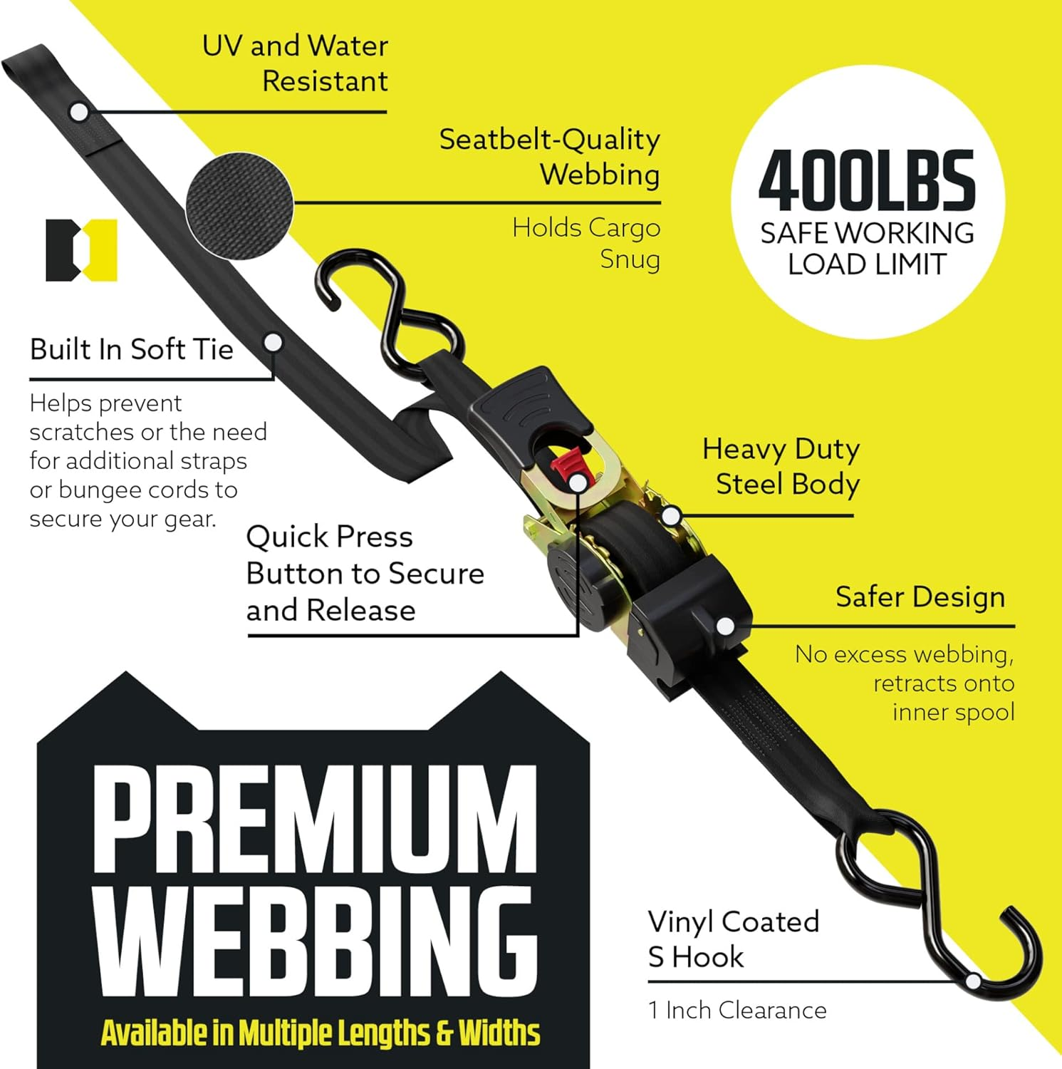 DC Cargo Auto Retractable Ratchets Straps Heavy Duty (W Soft Tie)- 2 Pack 1" X 10' - SELF-CONTAINED Cargo Strap Tiedowns for Motorcycles, Atvs, Bikes, Boats: Tight & Secure Pickup Trailer Tie Down image number 4