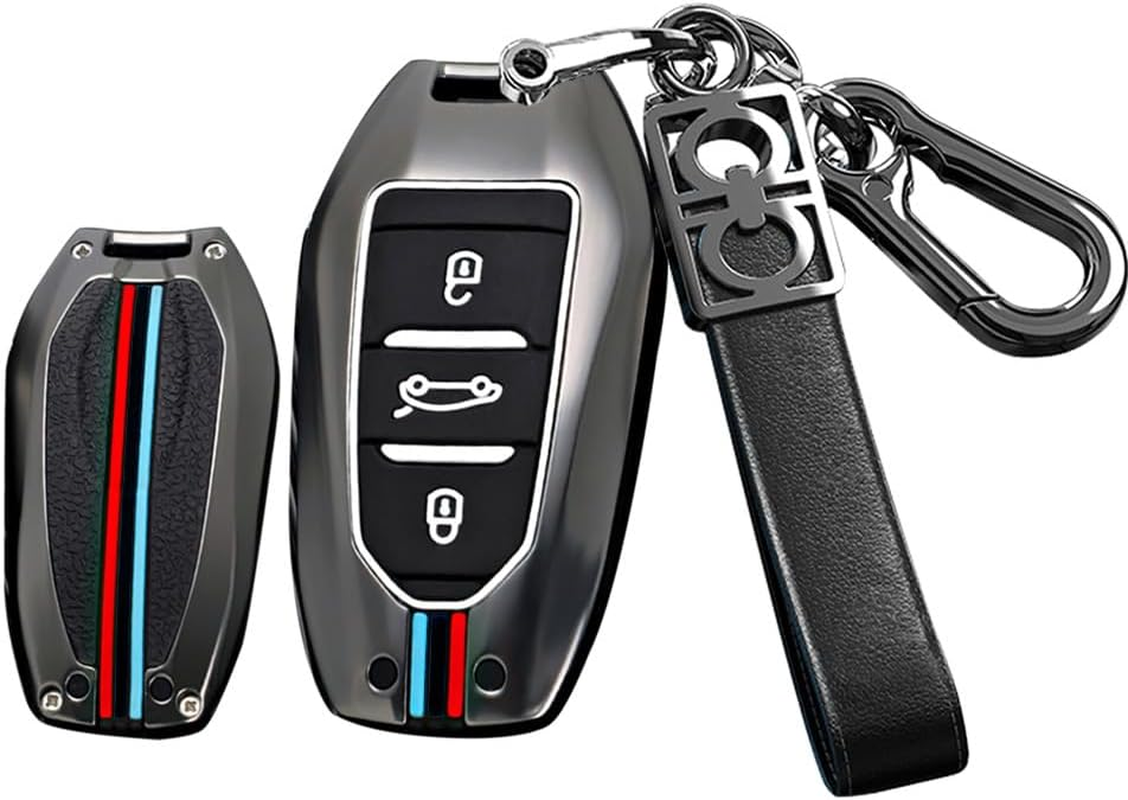HIBEYO 3 Button Key Fob Cover for Peugeot 308 408 508 2008 3008 4008 5008 Key Smart Key Cover Accessories Fashion Alloy TPU Key Protector-B Keychain Black