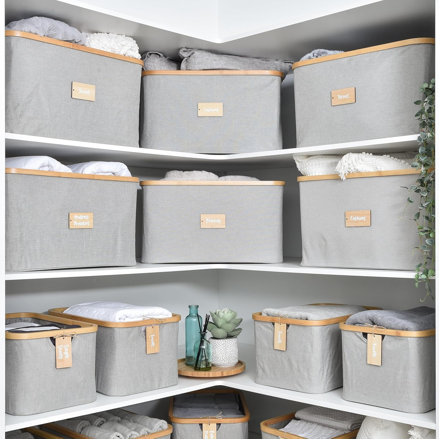 Linen Storage Baskets with Bamboo Rim 8 Pack Light Grey, 4 Large and 4 Medium, Foldable Oxford Cloth Fabric Bins with Label Tags, Wardrobe and Cupboard Organisation for Bedroom Laundry Shelves image number 2