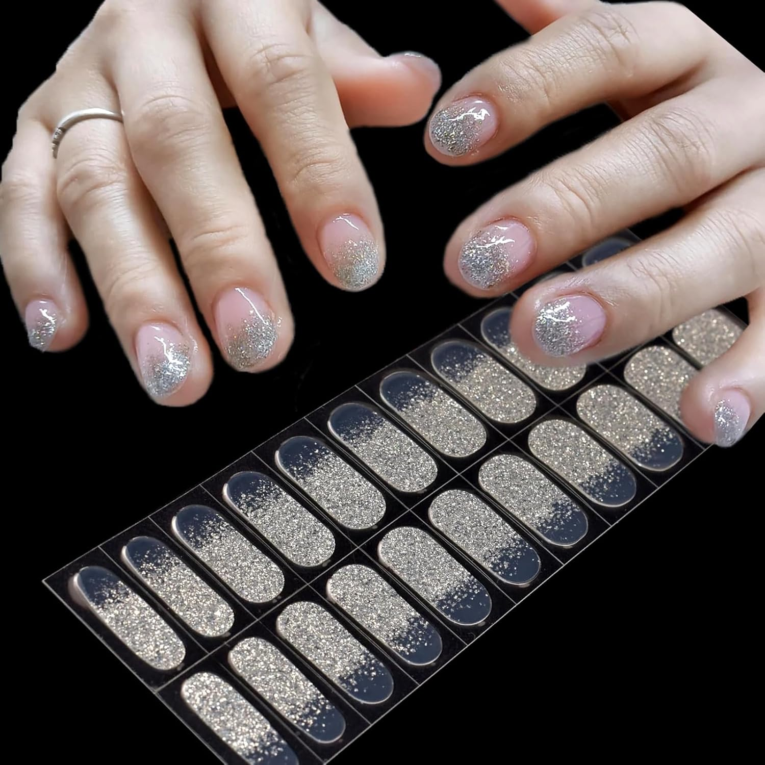 LIFOOST Glitter Gel Nail Strips Clear Nail Art Stickers 20 Extra-Long Gold Sequins Gel Manicure Wraps