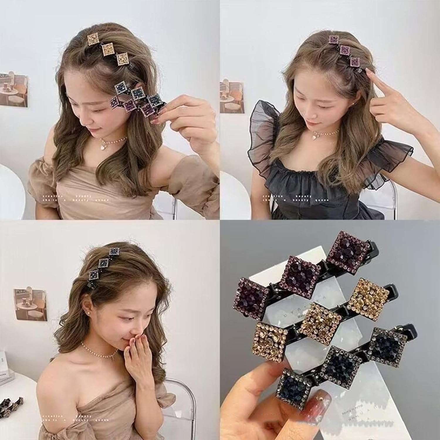 PLGEBR 1Pcs Sparkling Crystal Stone Braided Hair Clips, Rhinestone Hair Clips, Rhombus Chopped Hairpin Clip, Braided Hair Clip with Rhinestones for Women Satin Fabric Hair Bands image number 3