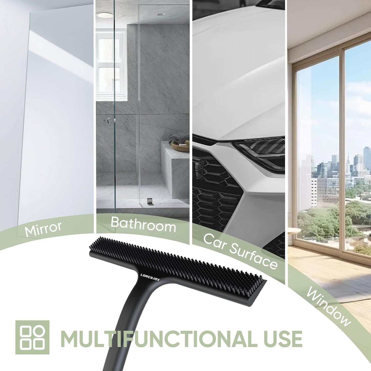 LORESJOY Shower Squeegee, Imprint-Free Cleaning Shower Squeegee Black for Glass Doors, Silicone Shower Squeegee, Shower Squeegee for Shower, Bathroom, Mirror, Glass Cleaning, Tiles image number 6