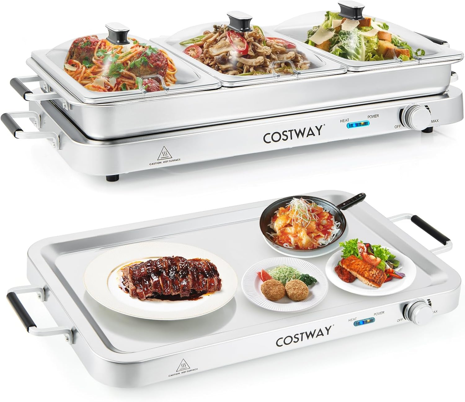 Costway Food Warmer Buffet Server, 450W Stainless Steel Electric Warming Tray, Adjustable Temperature, Transparent Lids W/Spoon Slot, 8L Chafing Dish Set for Parties, Banquets, Catering Events image number 5