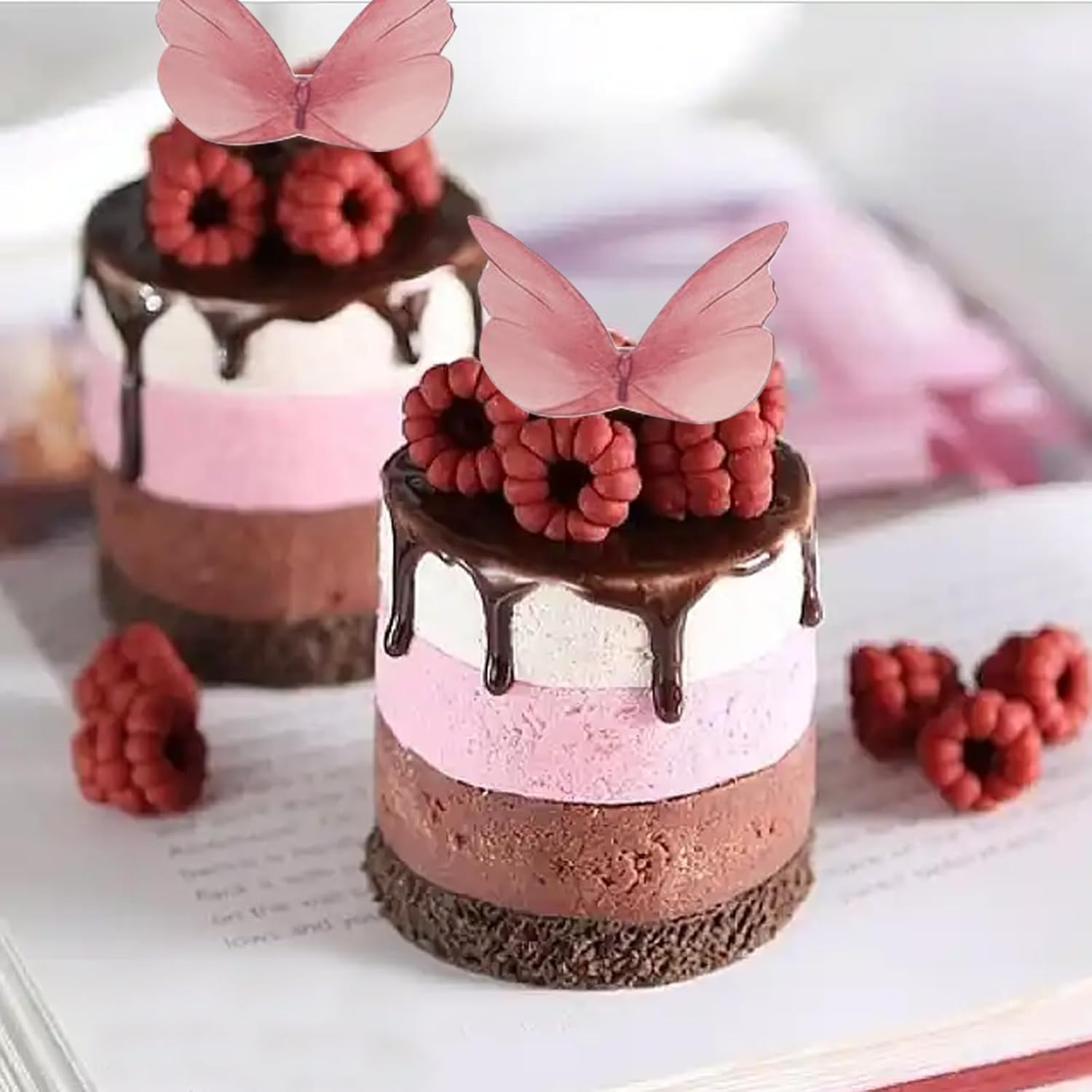 Jotia 48Pcs Butterfly Birthday Cake Topper Decoration, Edible Butterfly Cake Topper 3D Colorful Realistic Cake Topper Edible Butterfly Cake Decorations Edible Wafer Paper for Birthday (Pink)