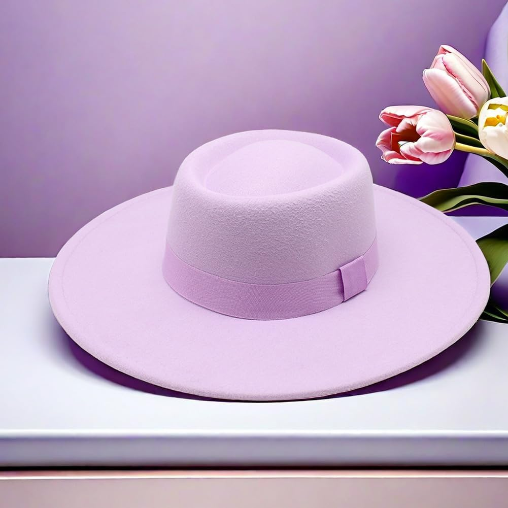 Purple Fedora Hat Fashion Jazz Hat Felt Fedora Hat Wide Brim Flat Top Wedding Dress Hat Elegant Pork Pie Hats for Women Men, Purple image number 2