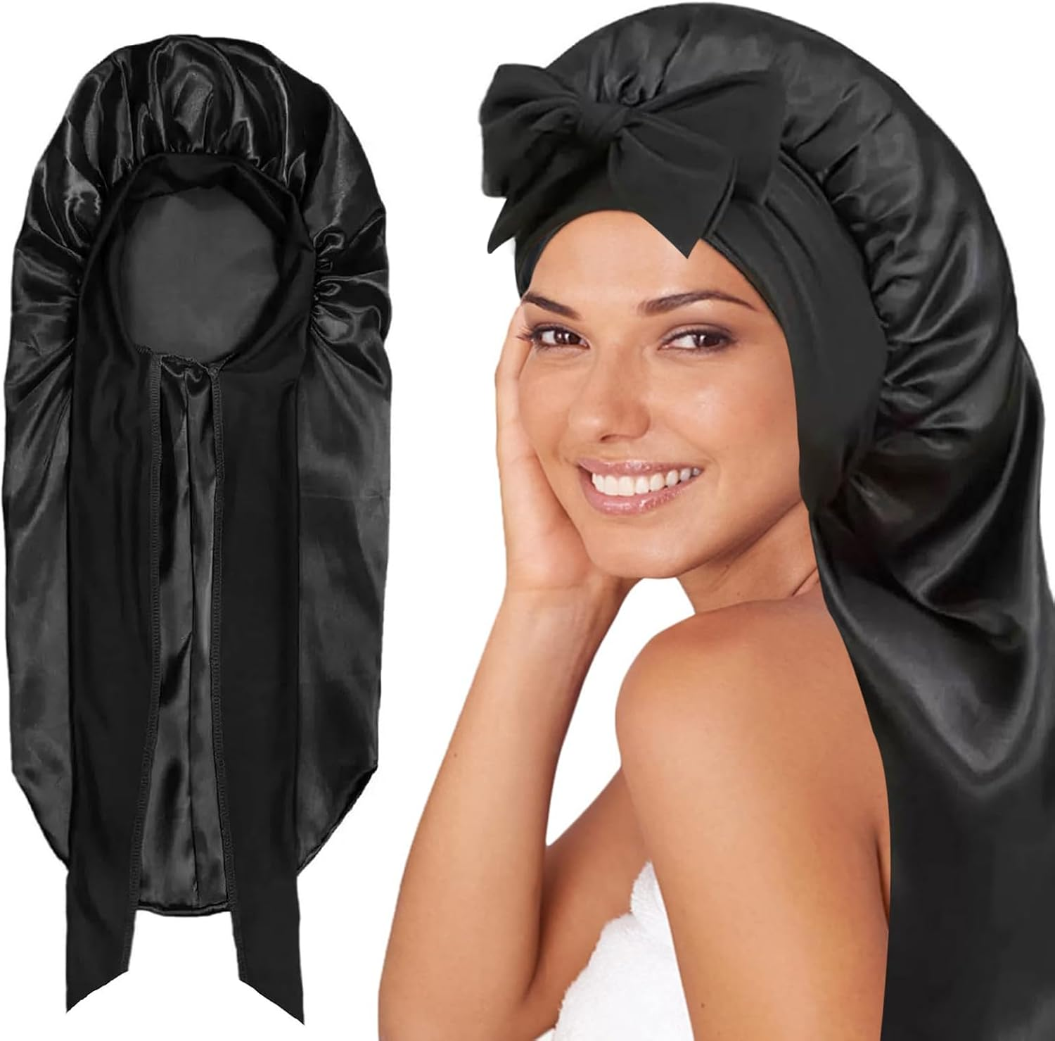 ONBPIY Braid Satin Bonnet Extra Long Hair Bonnet for Sleeping with Tie Band Foldable Hair Wrap for Braids Natural Hair Sleep Cap Black image number 3