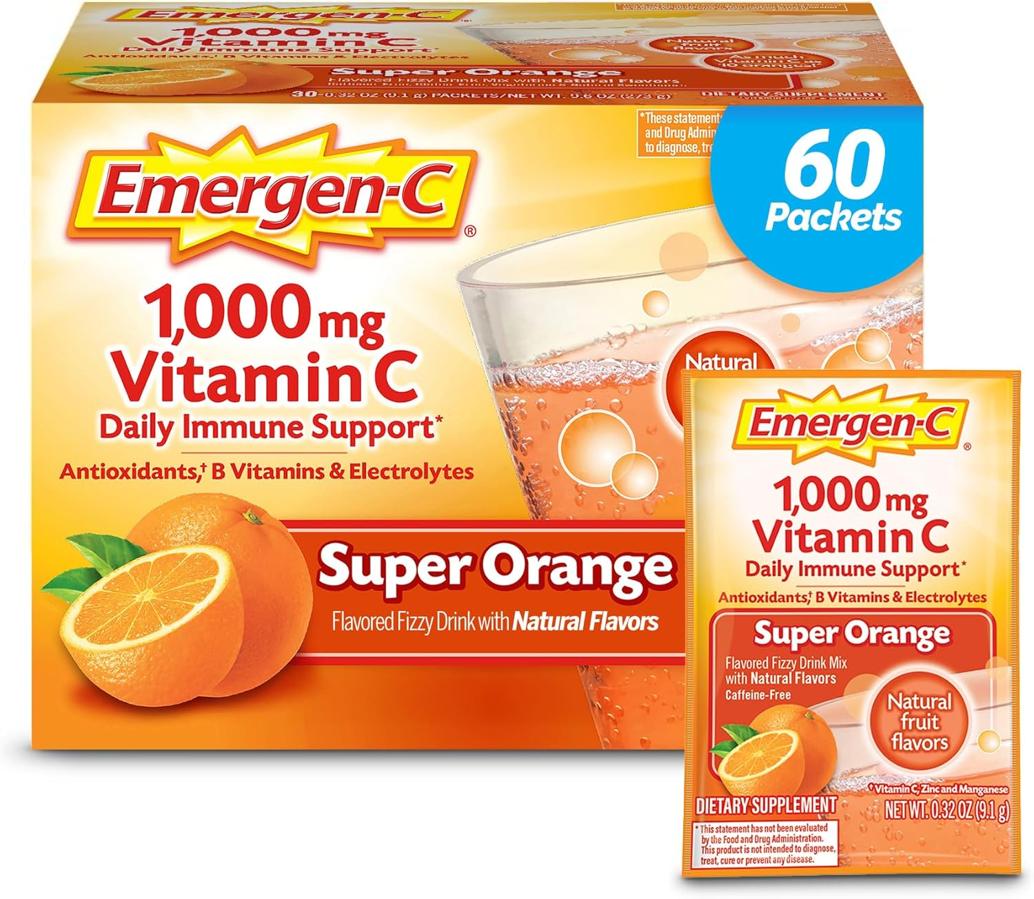 Emergen-C Dietary Supplement Drink Mix with 1000Mg Vitamin C 0.32 Ounce Packets (Super Orange Flavor, 60 Count) image number 2
