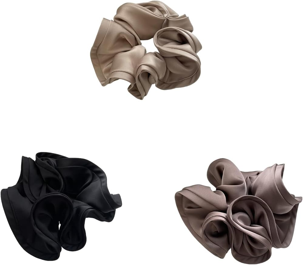 Pack of 3 Hair Bobbles Scrunchies for Women French Hair Accessories Retro Satin Elastic Thick Bands Hair Clip Hair Ties image number 4