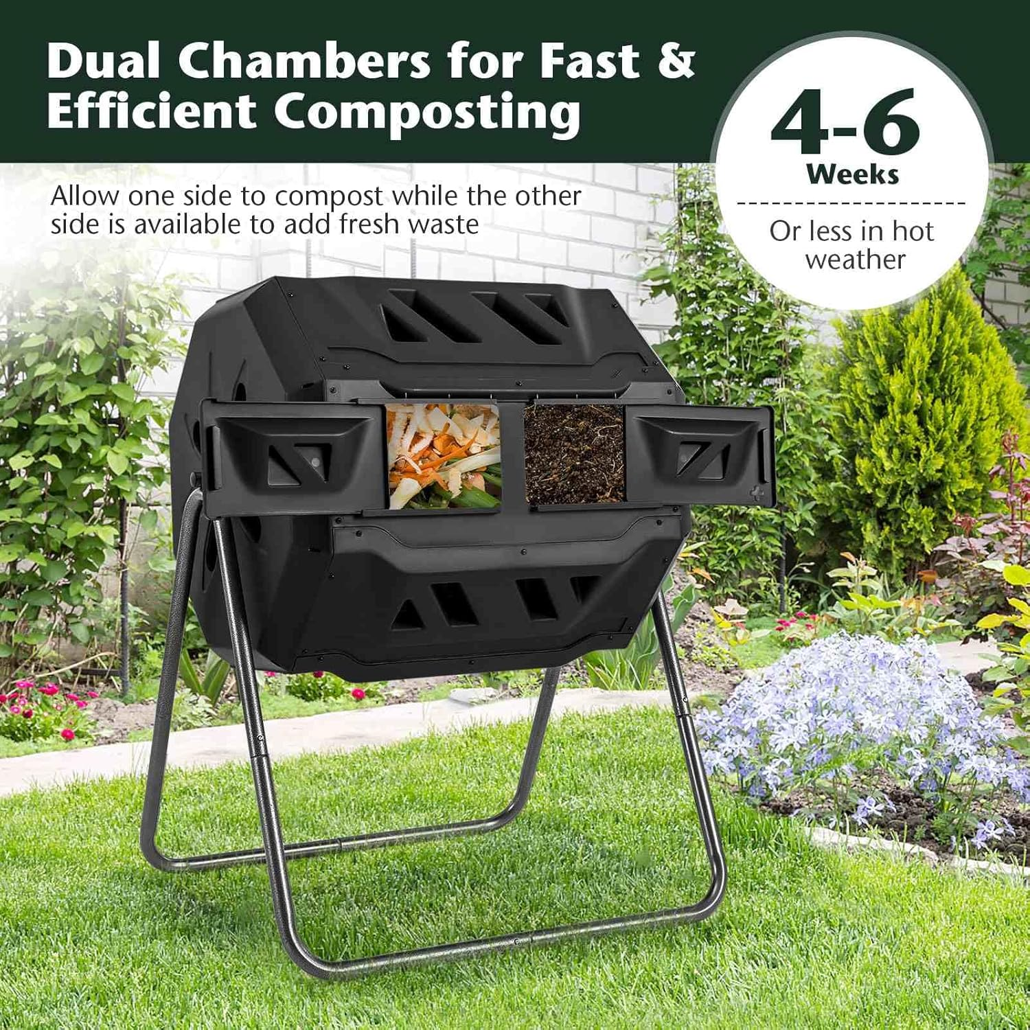 Costway Outdoor Tumbling Composter, 160 L Portable Garden Compost Bin W/Dual Chamber, 2 Sliding Doors & Solid Steel Frame for Gardens &Courtyards, Phillips Screwdriver & Garden Gloves Included image number 5