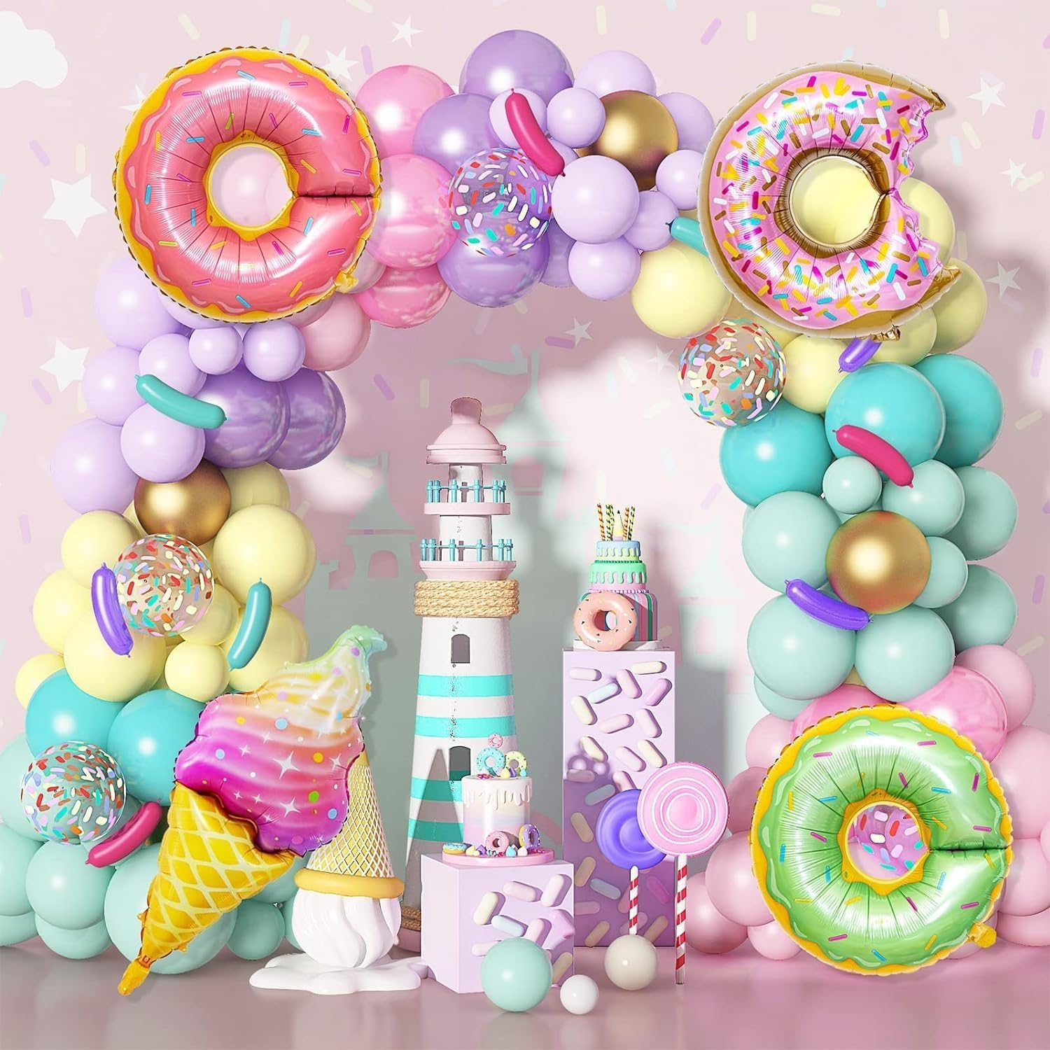 WODJR 139 PCS Donut Balloon Garland Donut Party Decorations Donut Balloons Doughnut Balloon Arch Kit Donut Foil Balloons Pink Yellow Balloons Rainbow Balloons for Ice Cream Donut Party Supplies image number 1