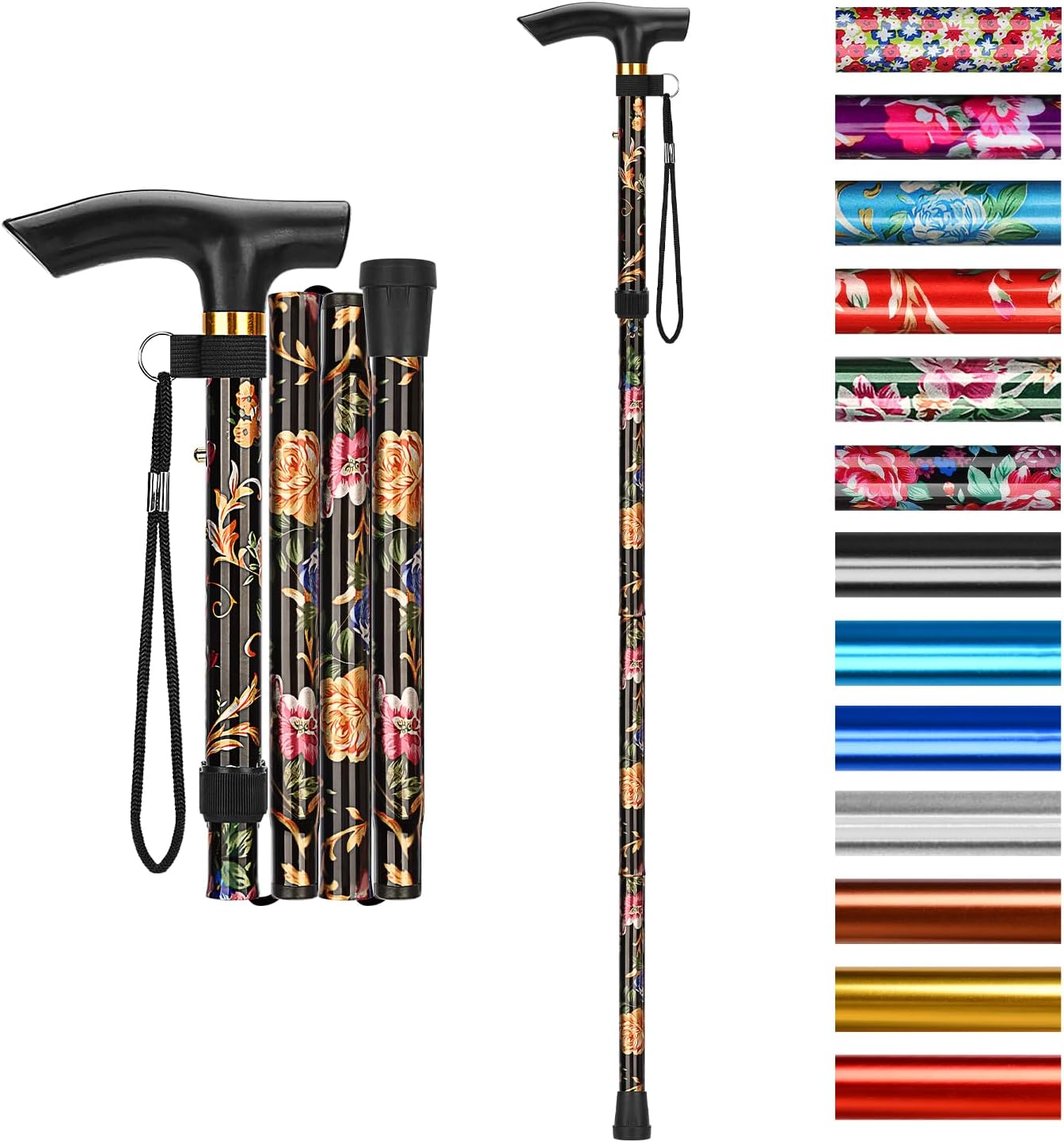 Supregear Walking Stick - Adjustable Folding Walking Sticks for Women and Men - Lightweight Portable Collapsible Balancing Aid - Travel Cane for Ladies Elderly Adults, Black Floral