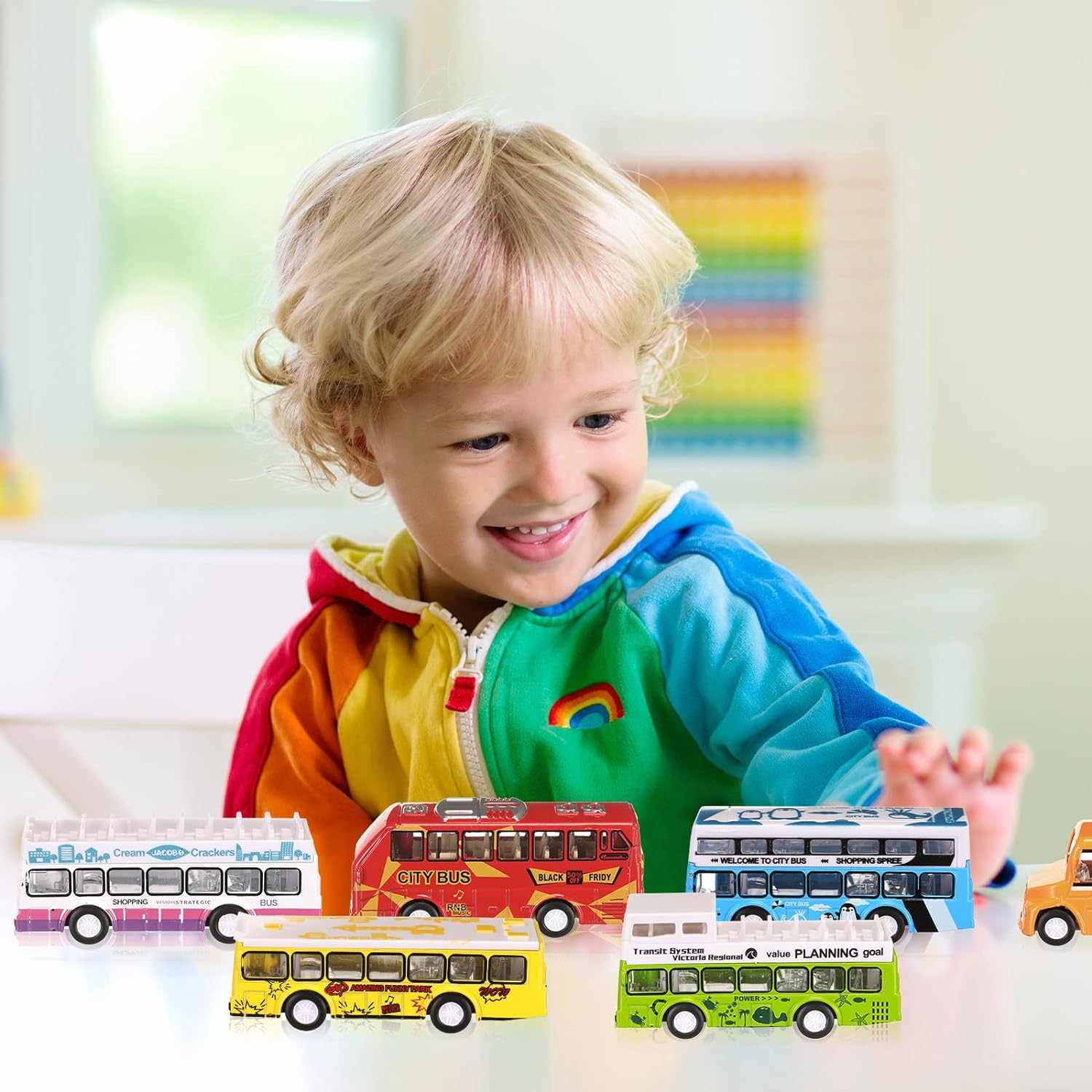 6 Pcs School Bus Toy Bus Toys Cars Set Toy Bus Die Cast Metal Cars City Bus Double Decker Friction Powered Cars Play Toys Gift Play Vehicle with Opening Doors, 6 Styles image number 5