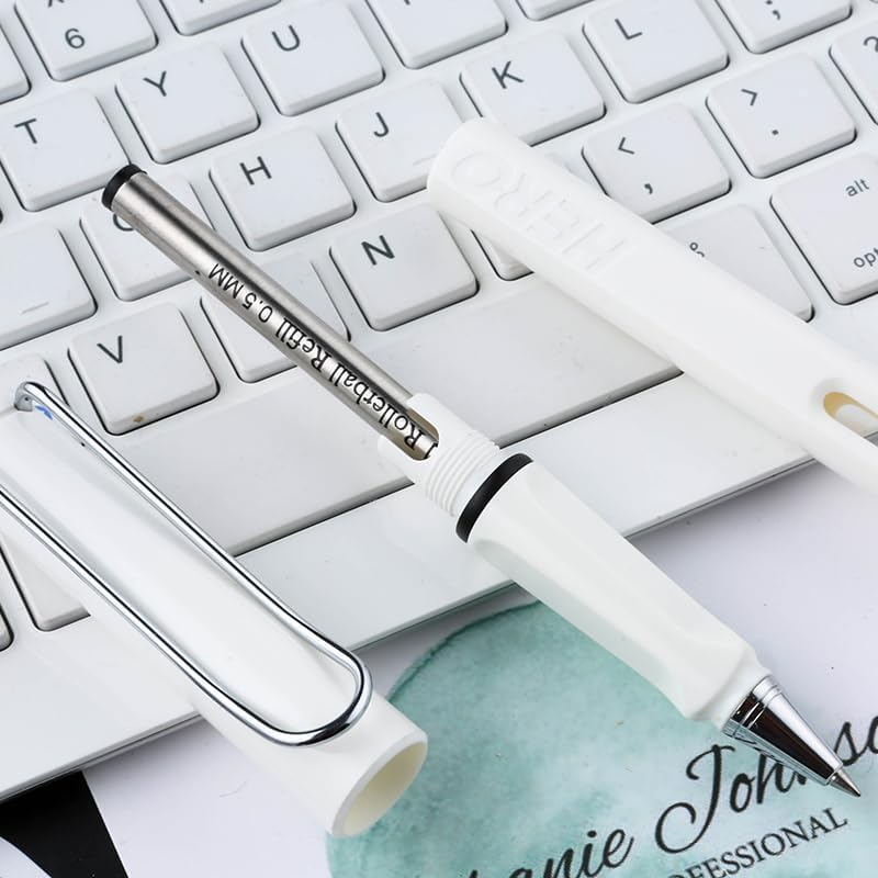 Smooth Rollerball Pen, 0.5Mm Tip, Black Gel Ink, Colour Barrel, Pocket Clip, Compatible with 843 845 Pen Refills (White) - Black image number 6