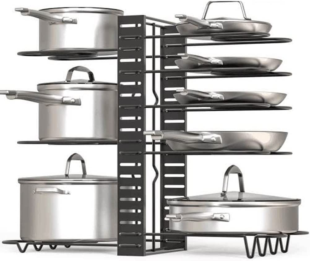 9SHOME Pot Pan Organiser Rack for Cabinet, Pot Lid Organizer Pan Holder Rack with 3 DIY Methods, Cookware Rack for Kitchen Cupboard Pantry, Height and Position Adjustable, Stainless Steel image number 2