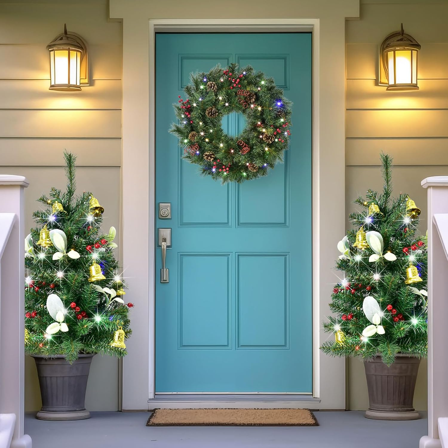 Set of 2 Christmas Tree Outdoor - Prelit Xmas Tree W/ 80 LED Multi-Color, for outside Holiday Display Yard Front Porch Pathway Decor image number 3