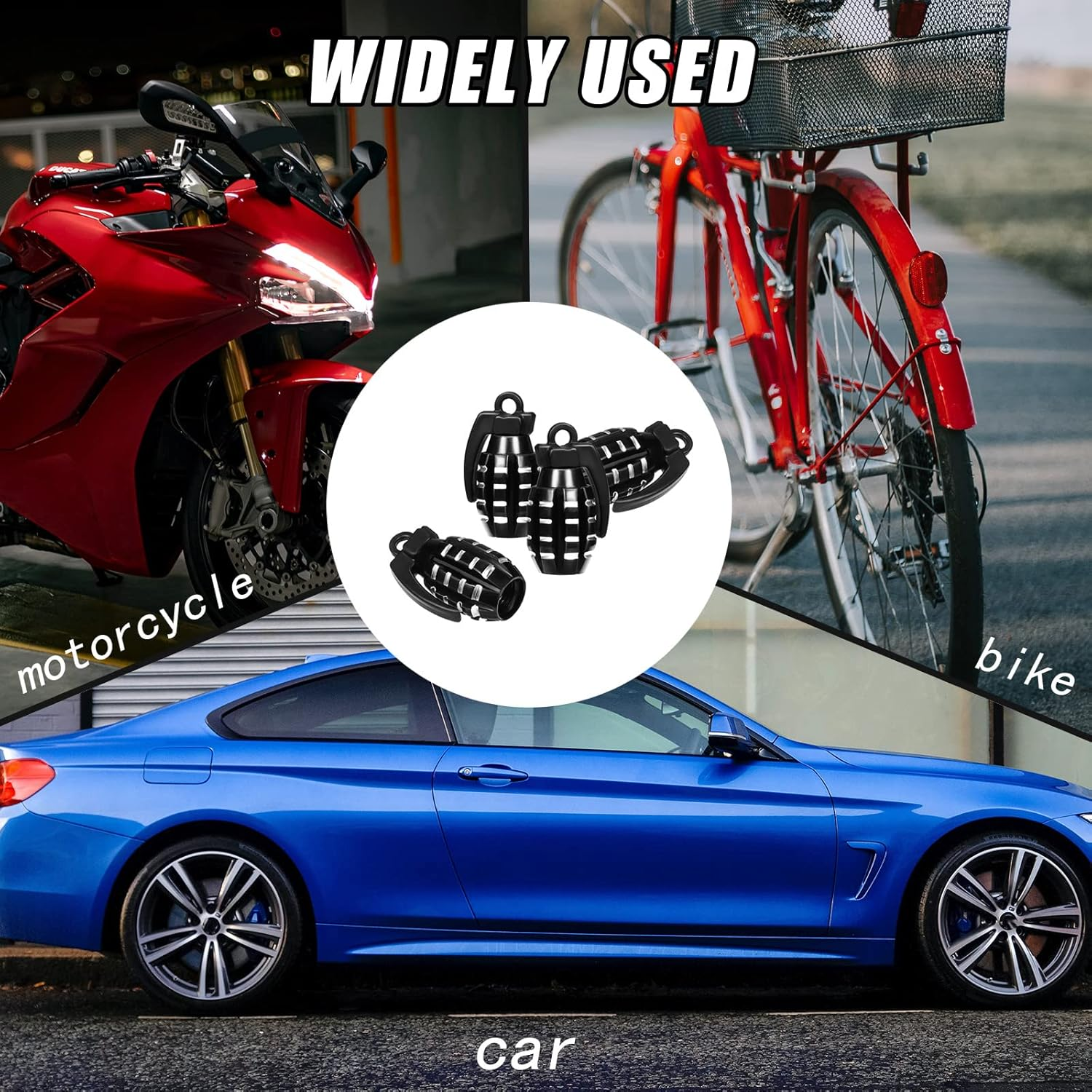 AIEX 4 Packs Valve Stem Caps, Grenade Style Aluminum Heavy Duty Valve Stem Covers Air-Proof Tire Caps for Cars SUV Trucks Motorcycles Bicycles(Black)