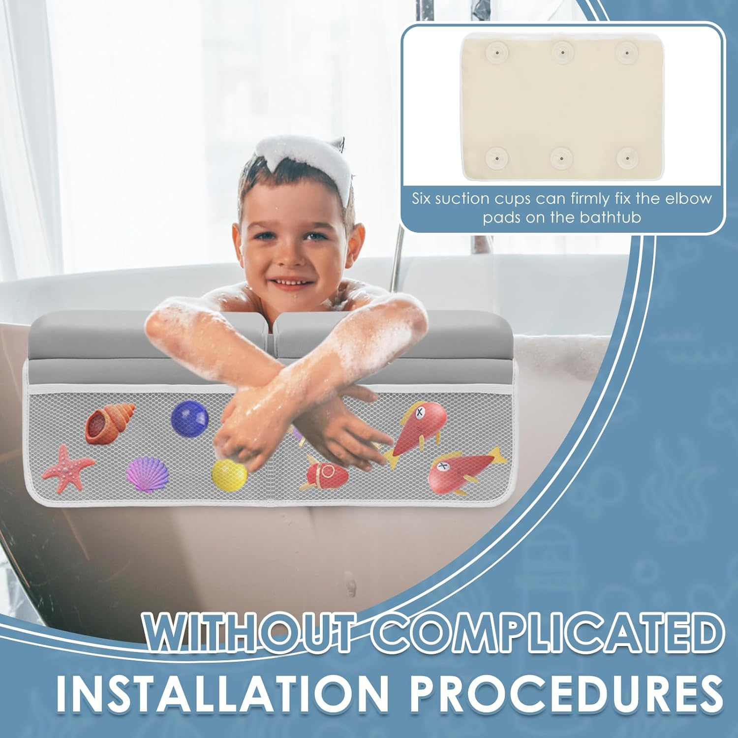 Bath Kneeler Set, Foldable Non Slip Bath Elbow Rest Pad, Comfortable Non-Slip Kneeling Mat Cushion, with Toys Organizer, Foldable Foam Mat, for Baby Bathing Time