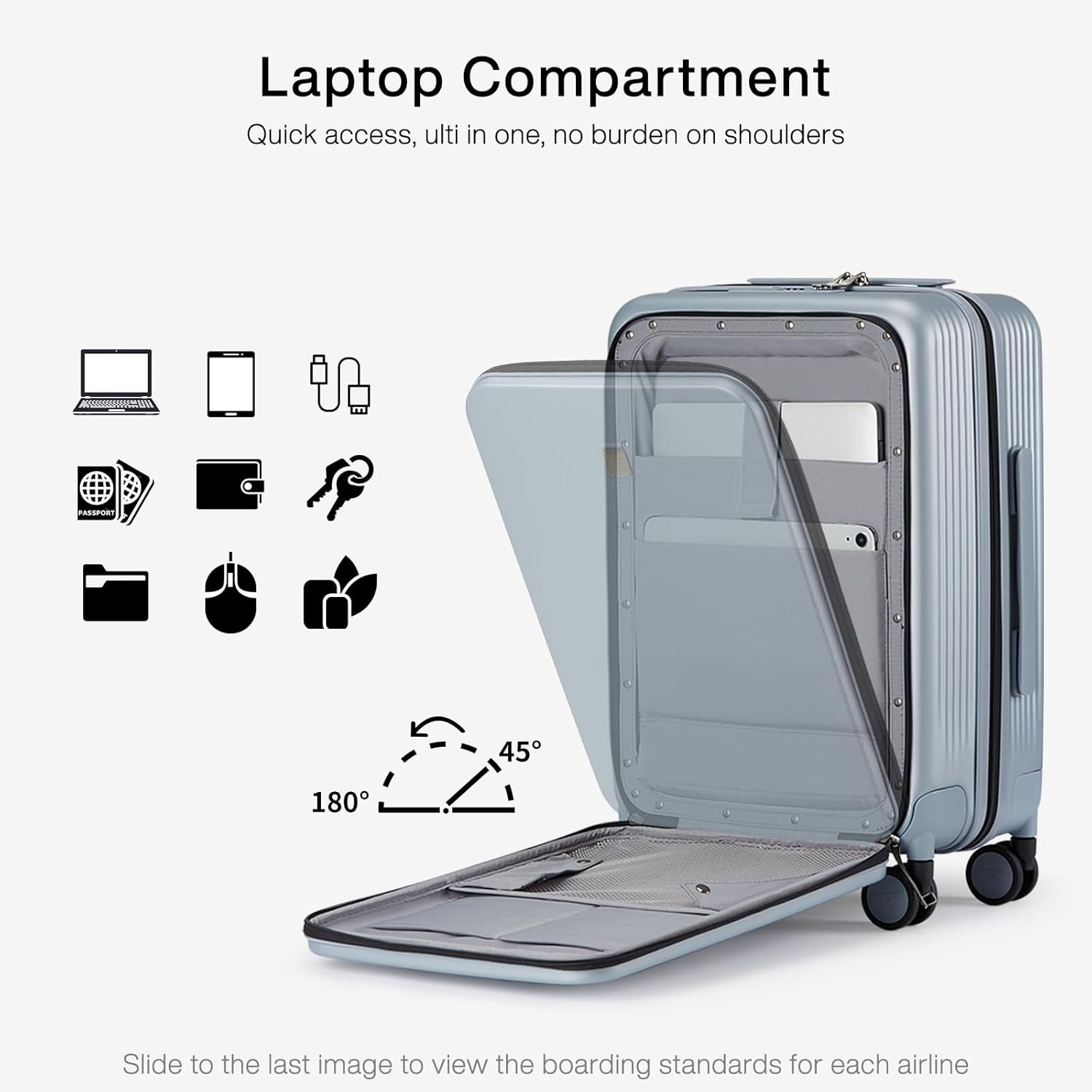 Hanke 20 Inch Carry on Luggage Lightweight PC Hard Shell Suitcases with Wheels Upright Front Opening Luggage Travel Suitcase Women Men(Grey) image number 3