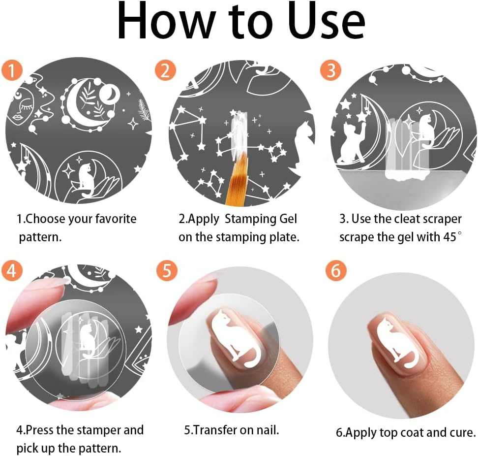 PH Pandahall 3Pcs Moon Stars Pattern Nail Stamp Plate Cute Cat Shape Print Art Template Stainless Steel Nail Image Plate Sun Pattern Nails Art Stencils for Women DIY Printing 4.7X2.3 Inch image number 6