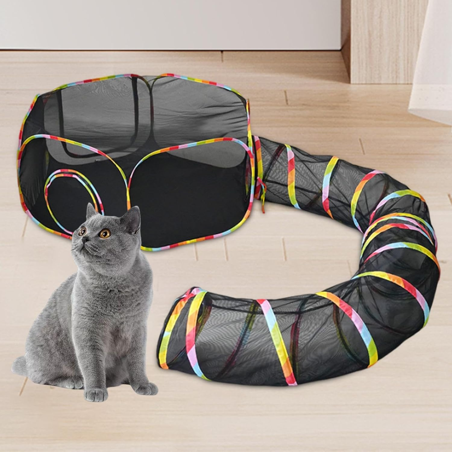 Shengquanhao Cat Tent with Tunnel, Rainbow Outdoor Cat Enclosure, Foldable Mesh Outdoor Cat Playpen for Small Dogs, image number 2